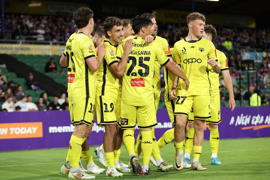 The Wellington Phoenix celebrate a goal against Perth Glory. Photo / Getty Images