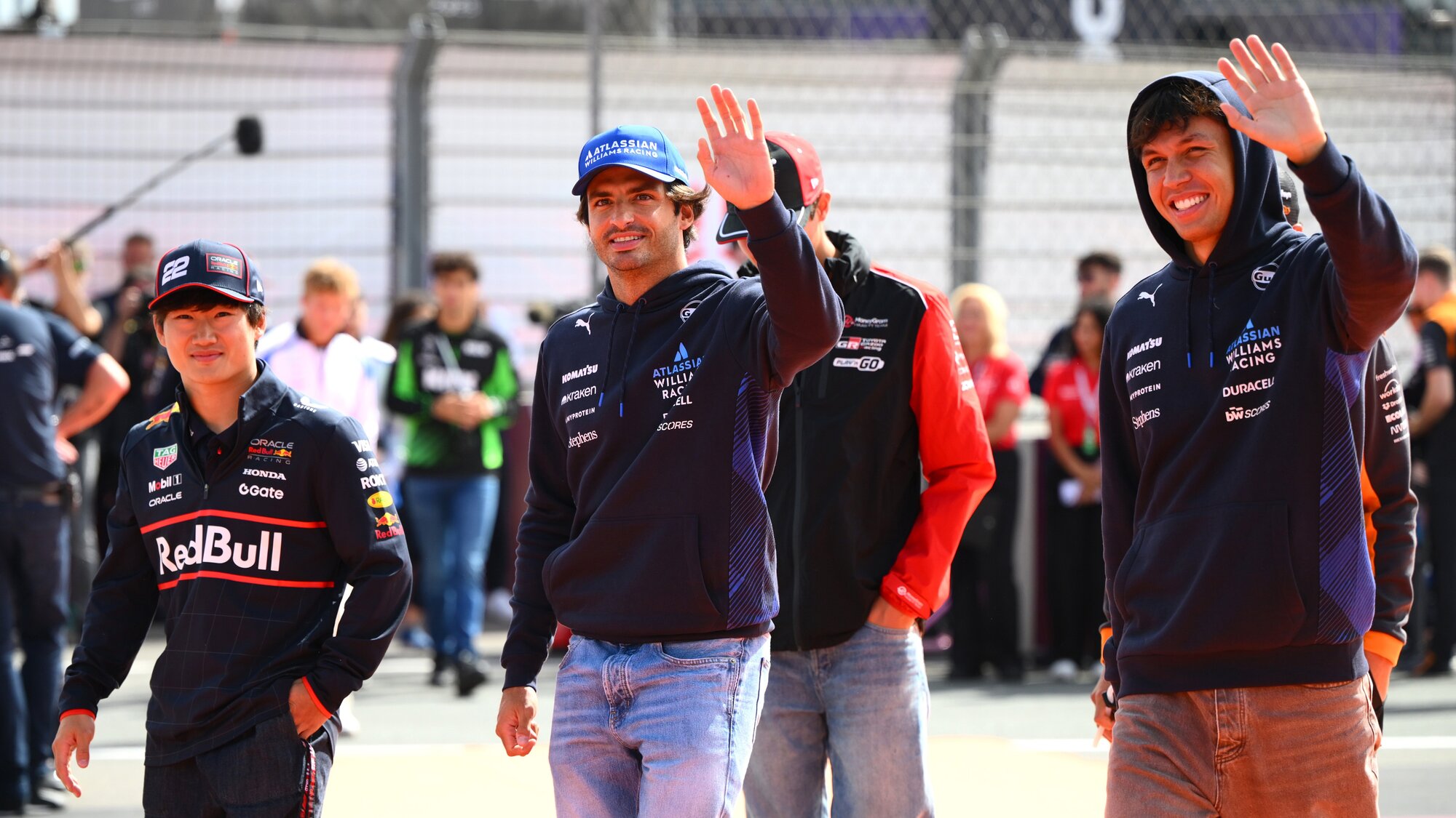 Williams driver Carlos Sainz (middle) collided with Liam Lawson. Photo / Red Bull