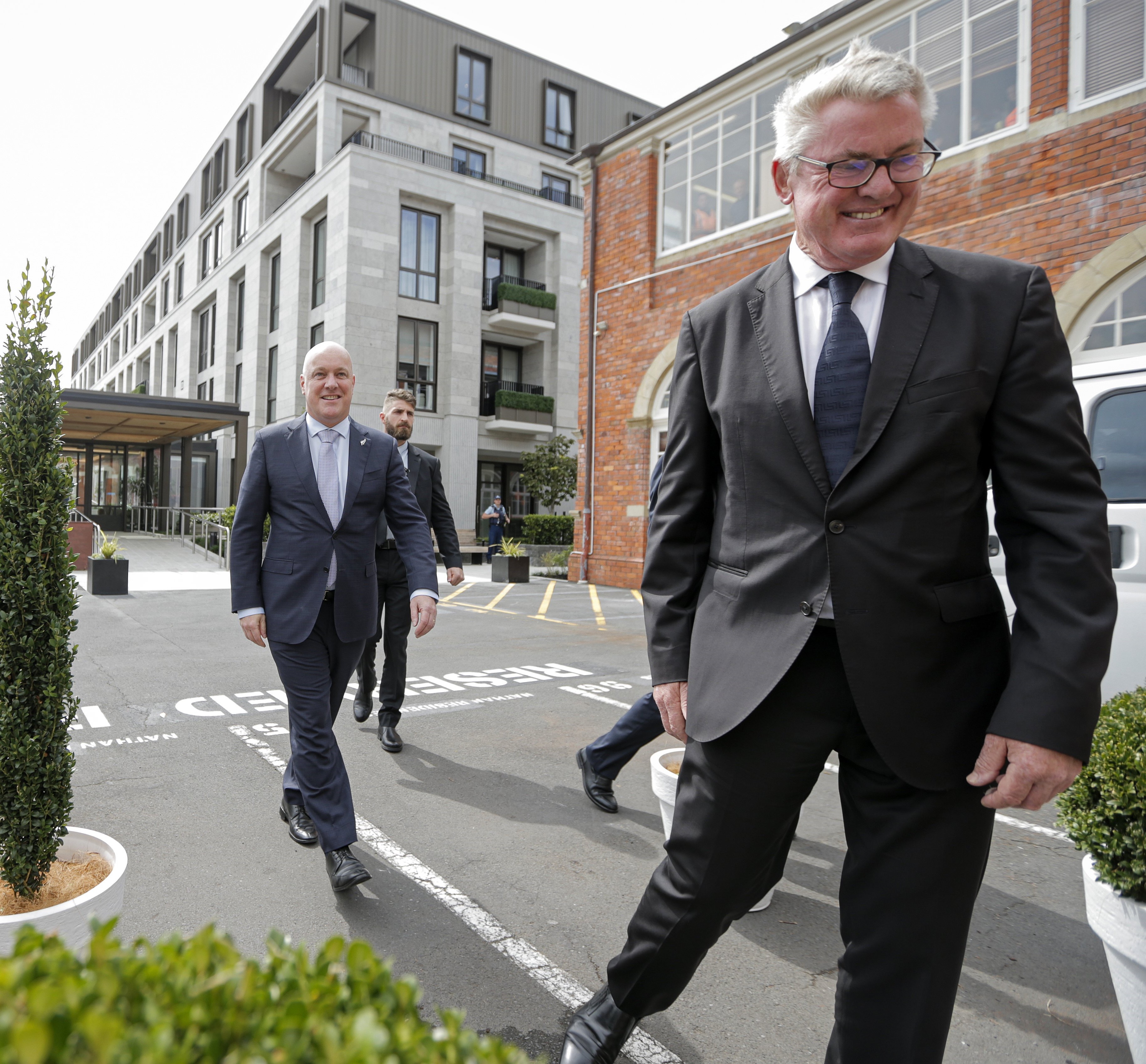 Prime Minister Christopher Luxon (left) at The Foundation, developed and owned by Generus Group, headed by Graham Wilkinson (right). Photo / Alex Burton