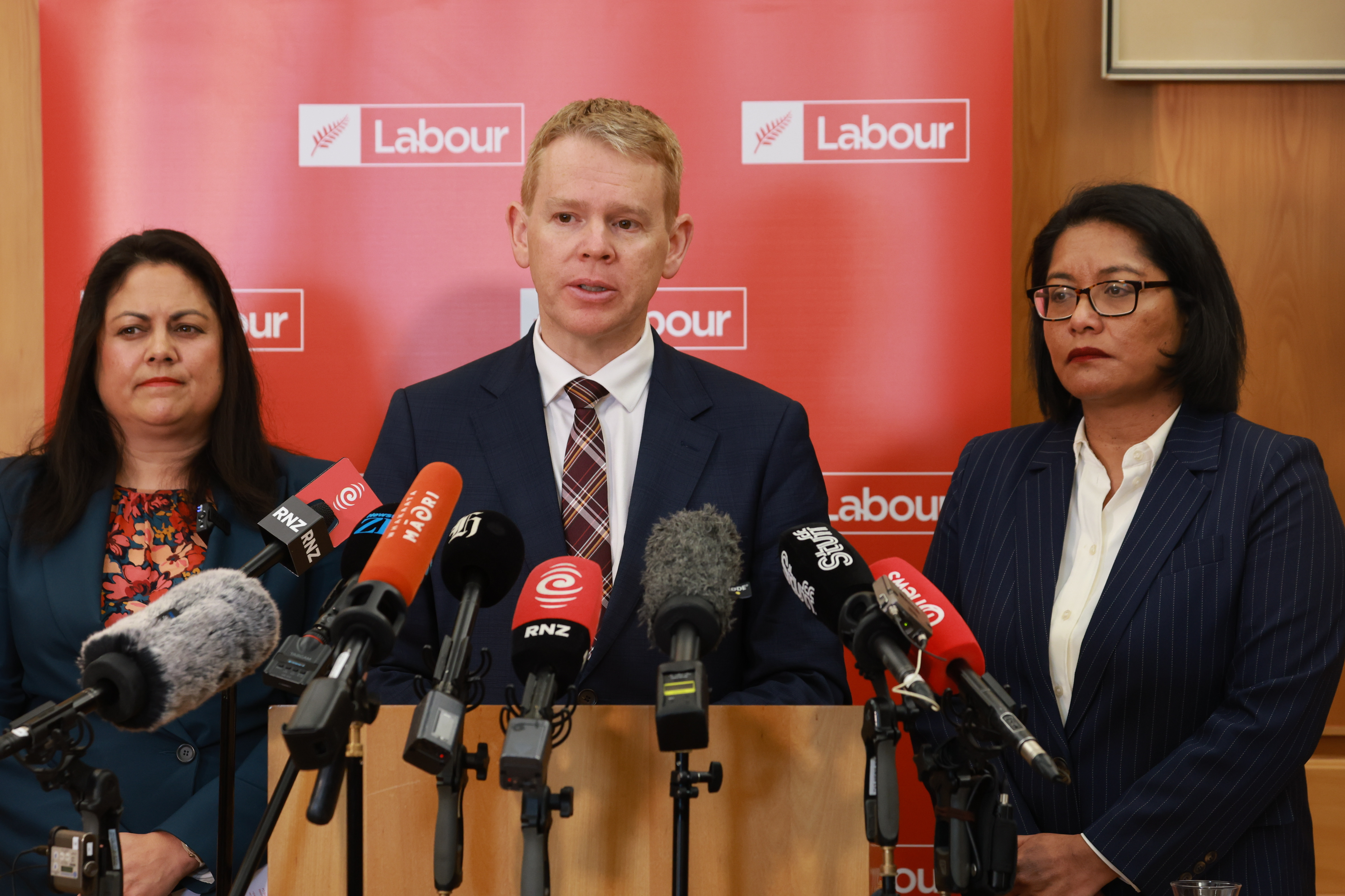 Labour health spokeswoman Ayesha Verrall (from left), Labour leader Chris Hipkins and Labour finance spokeswoman Barbara Edmonds at Parliament on October 28, 2025. Photo / Mark Mitchell