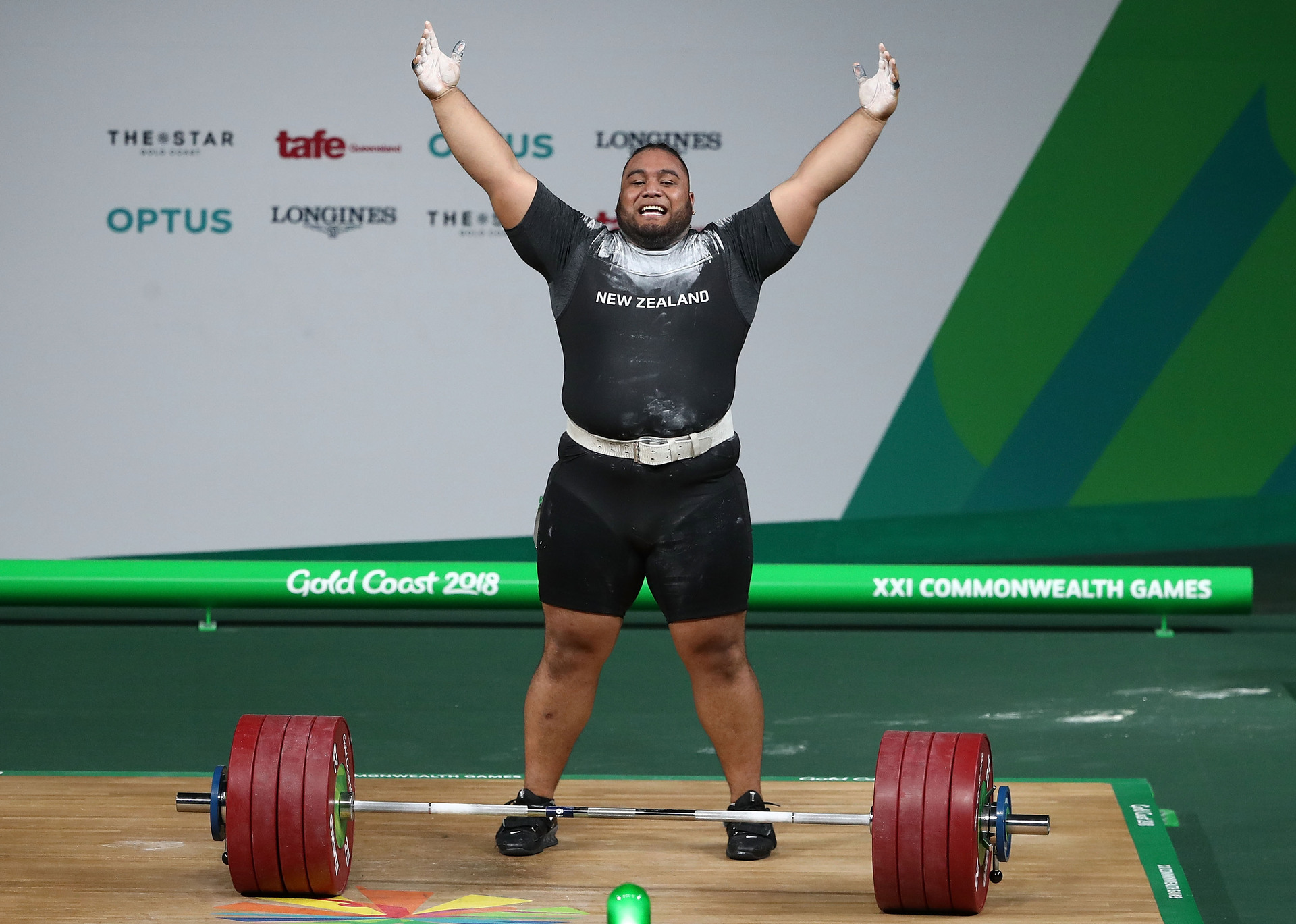David Liti of New Zealand celebrates after a successful lift in the Men's +105kg Final during the Weightlifting on day five of the Gold Coast 2018 Commonwealth Games. Photo / Getty Images.