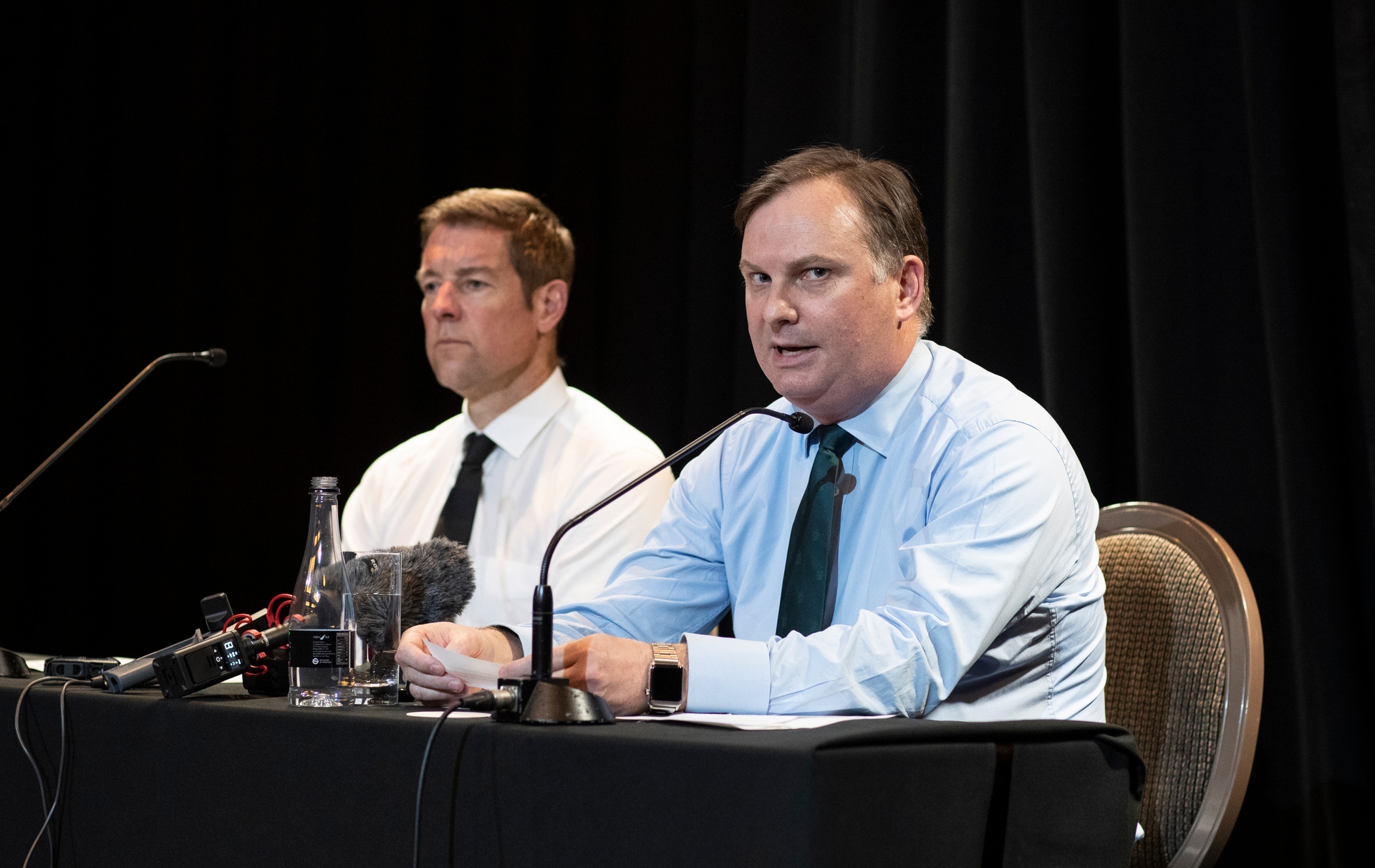Dilworth College Headmaster, Dan Reddiex left) and Chairman of the Dilworth Trust Board, Aaron Snodgrass address media after the initial arrests. Photo / NZ Herald