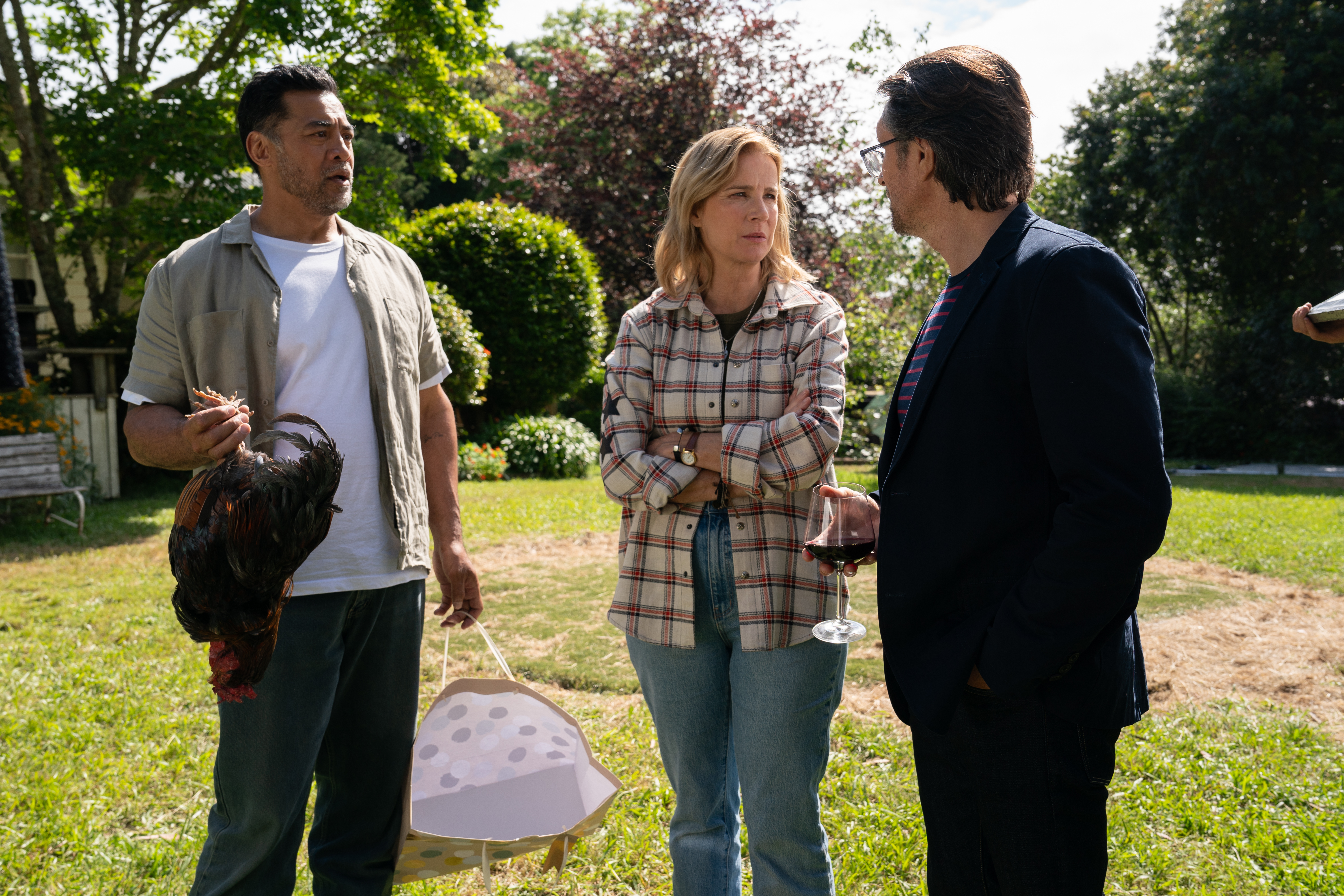Robbie Magasiva, Rachel Griffiths and Martin Henderson in Madam. Photo / Kirsty Griffin