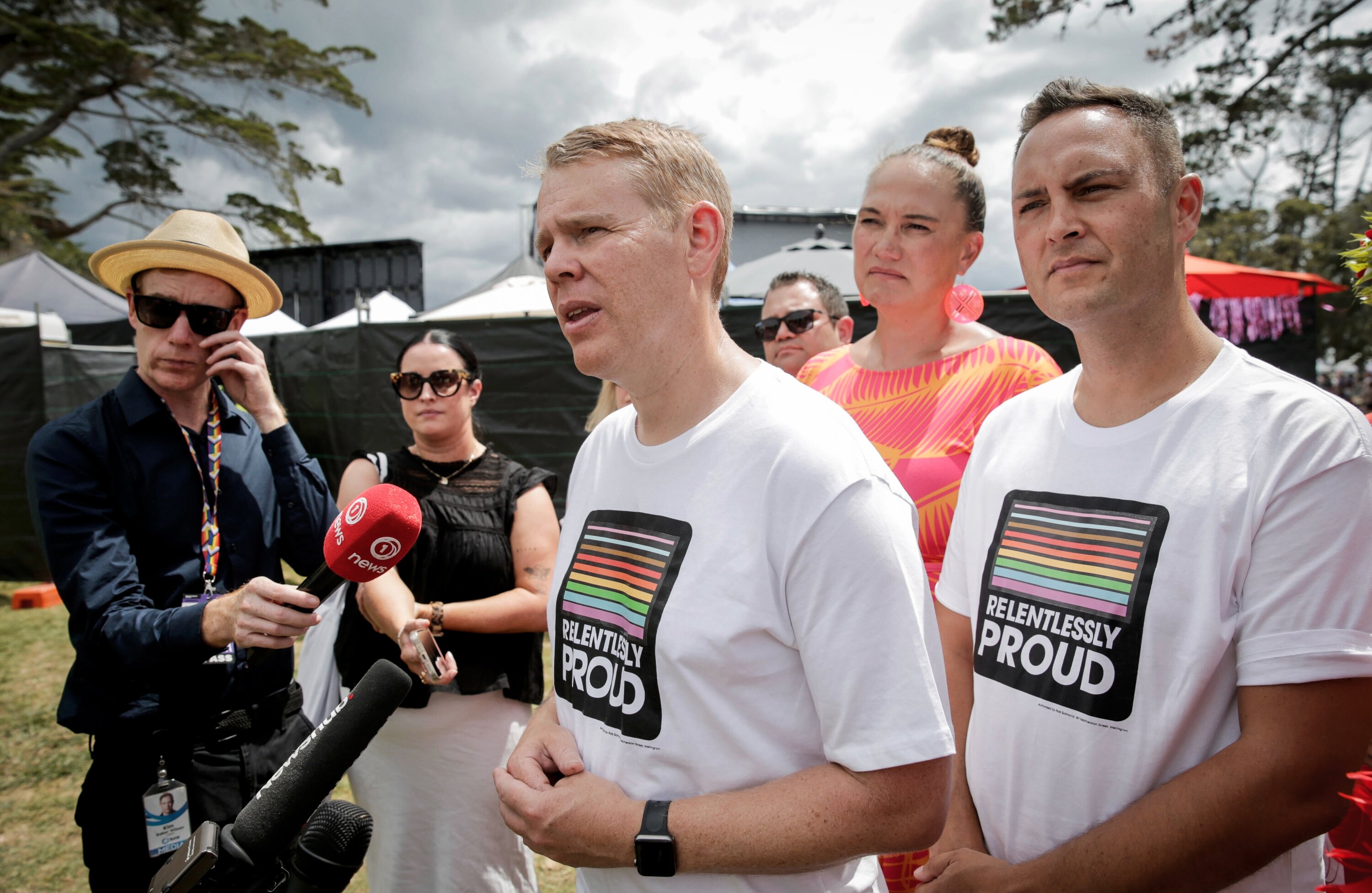 Labour Party leader Chris Hipkins with deputy leader Carmel Sepuloni and MP for Northcote Shanan Halbert at Big Gay Out this past weekend. Photo / Alex Burton
