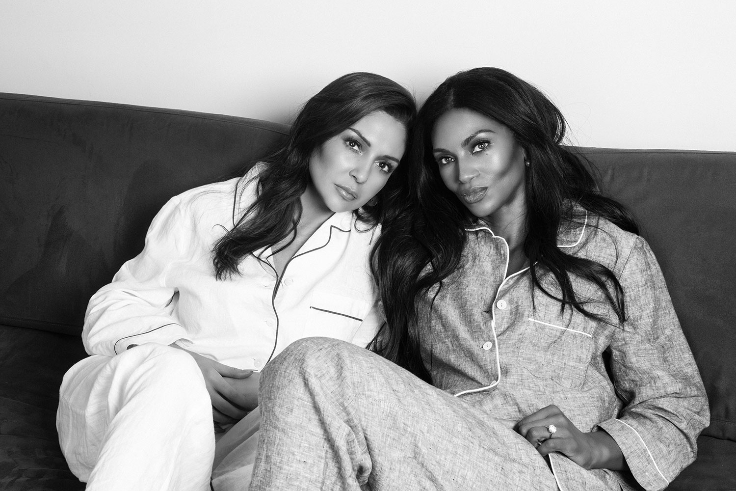 The Real Housewives of Auckland stars Gilda Kirkpatrick and Michelle Blanchard, wearing Andrea & Joen pyjama top and pants, $180 each, from Annex.