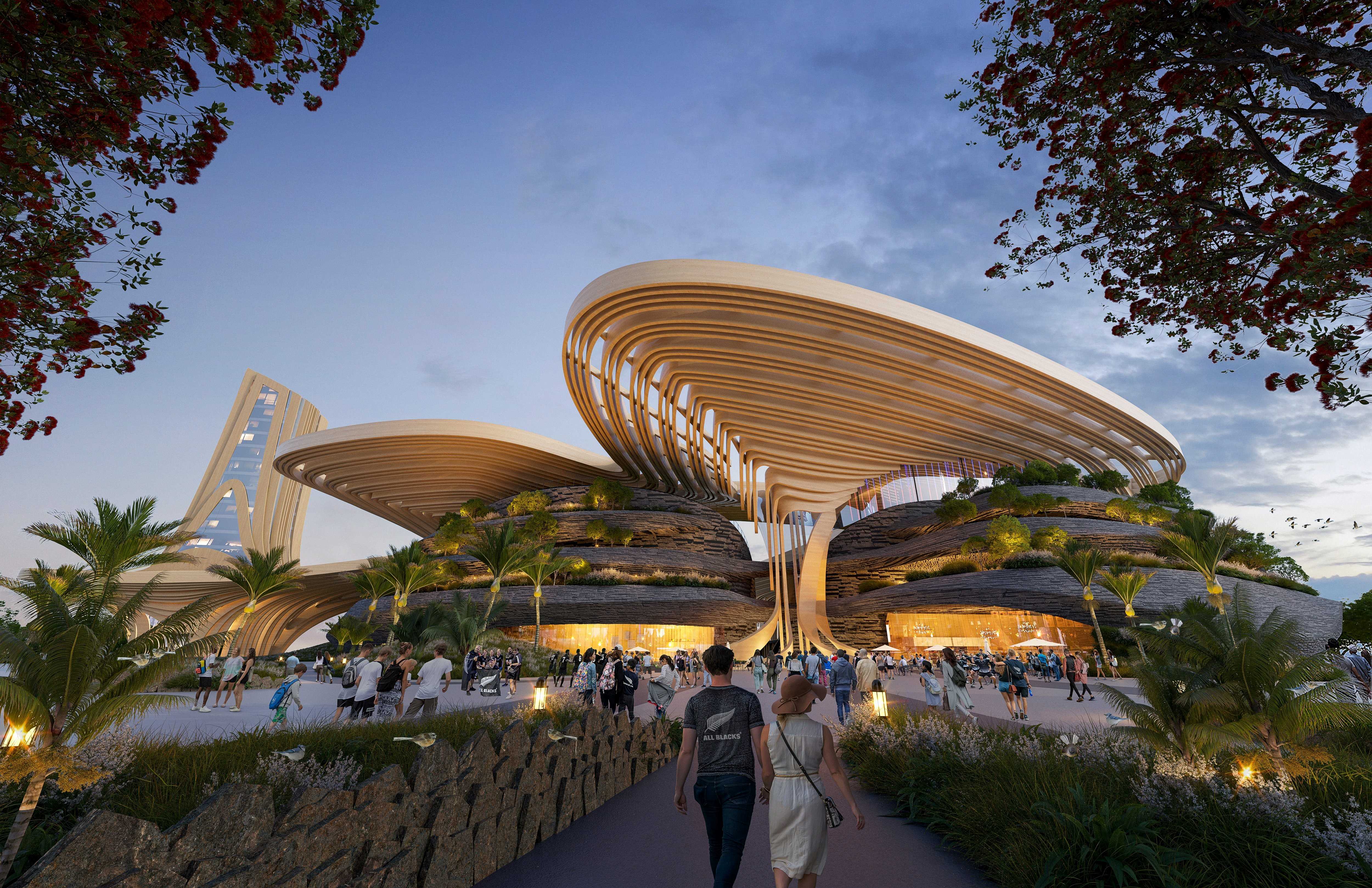 An artist's impression of the proposed Te Tōangaroa stadium.