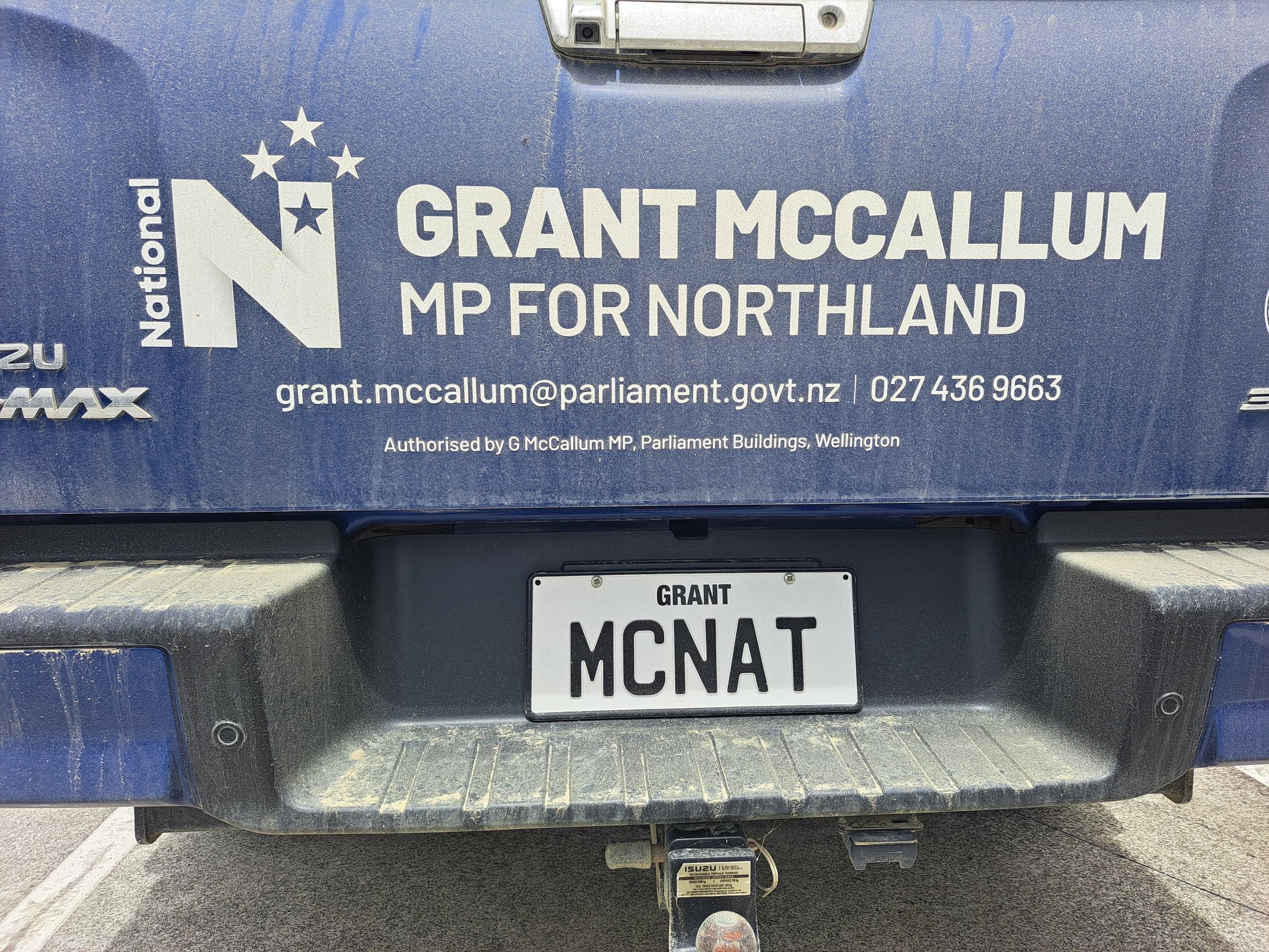 McCallum’s licence plate McNat, short for ‘McNational’, his nickname on Newstalk ZB’s rural radio show The Country. Photo / Jenny Ling