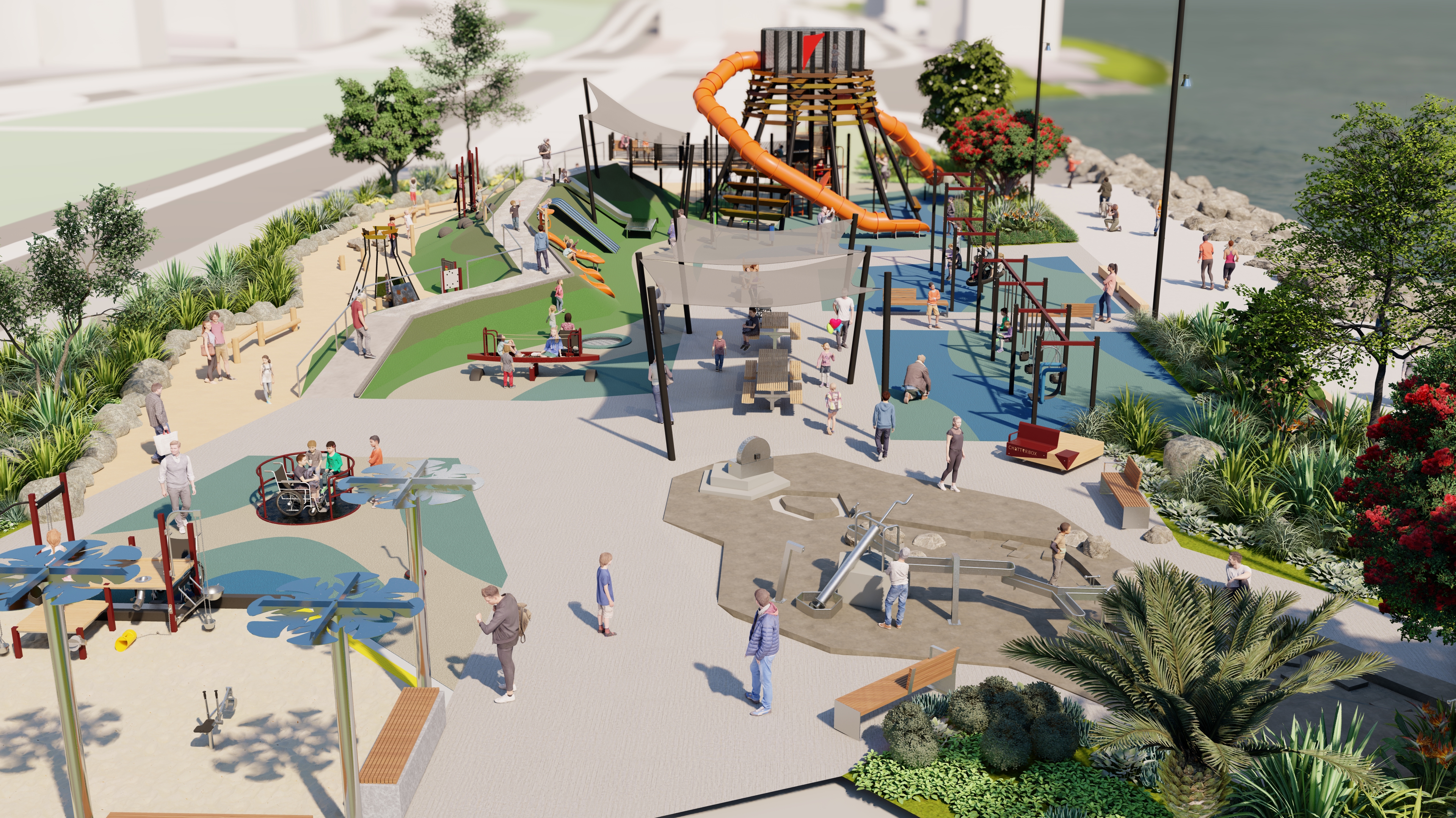 Designs for Tauranga's new waterfront playground along The Strand. 
