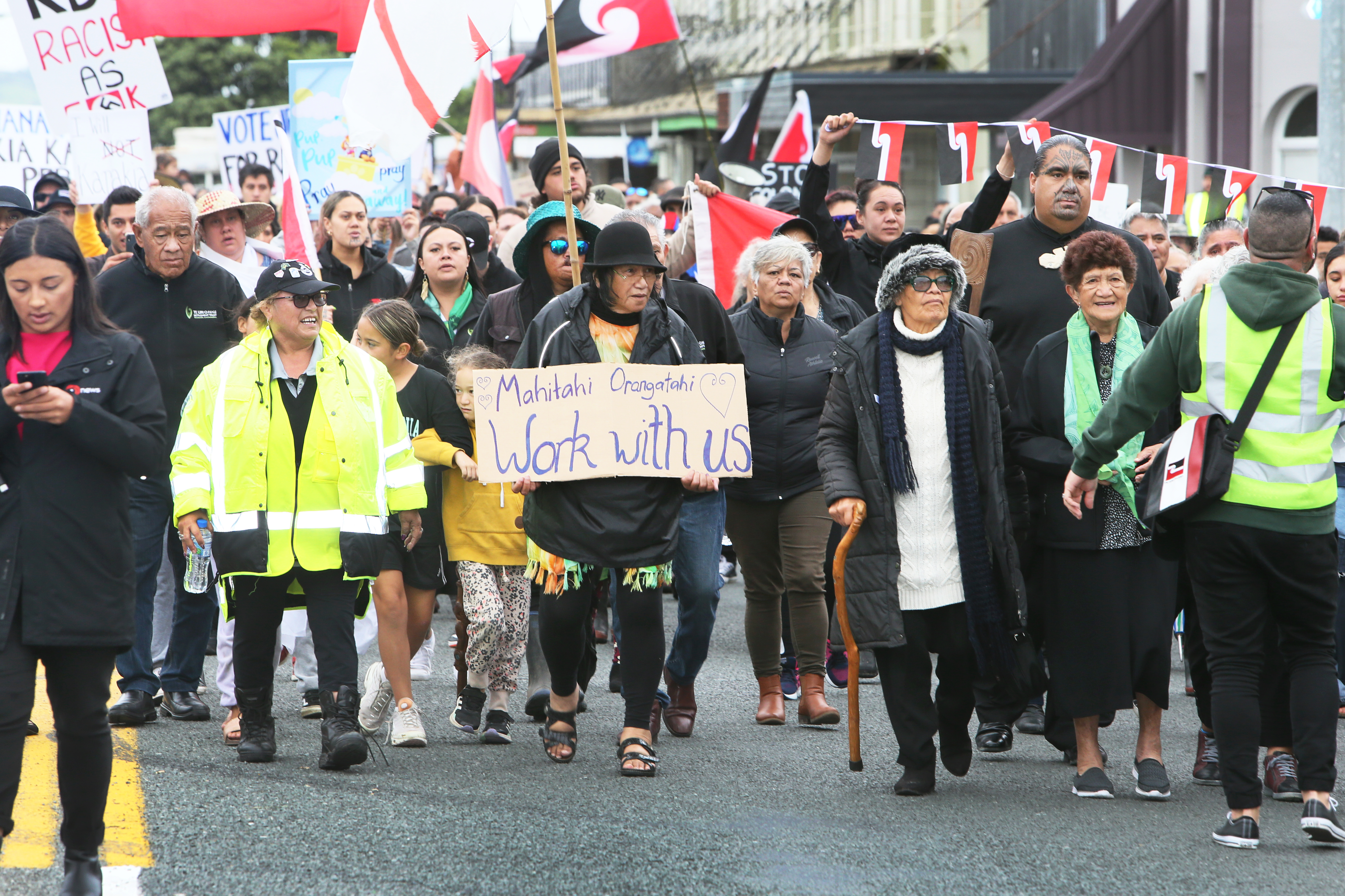 Protestors in Dargaville aginst Kaipara Mayor Craig Jepson's early efforts to ban karakia at the start of council meetings. Photo / NZME