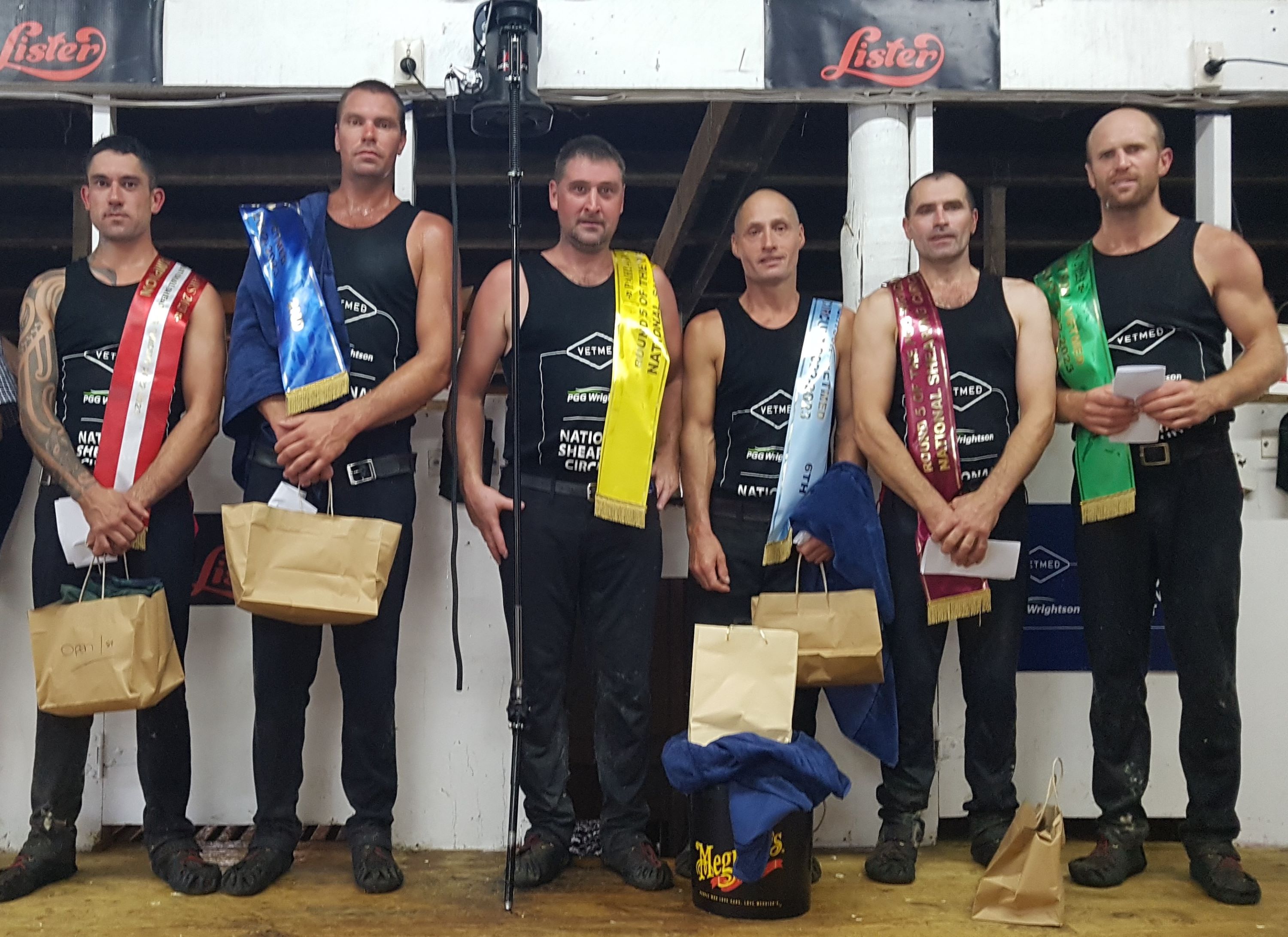 The line-up in last year's open final was world class. From left, winner Toa Henderson. 2014 world champion Rowland Smith, 2012 world champion Gavin Mutch, 2017 world champion John Kirkpatrick, his teams champion partner Nathan Stratford, and Manawatū shearer Aaron Haynes.