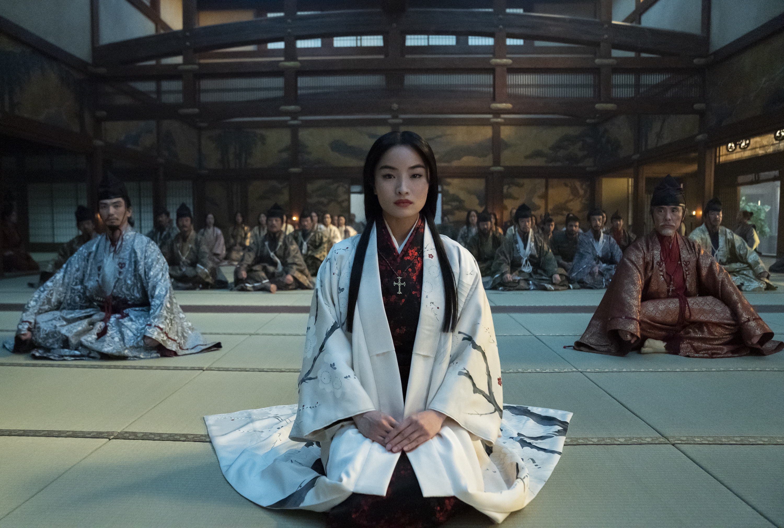 (From left): Eita Okuno as Saeki Nobutatsu, Anna Sawai as Toda Mariko, Hiromoto Ida as Kiyama Ukon Sadanaga in a scene from Disney+'s Shōgun. Photo / FX