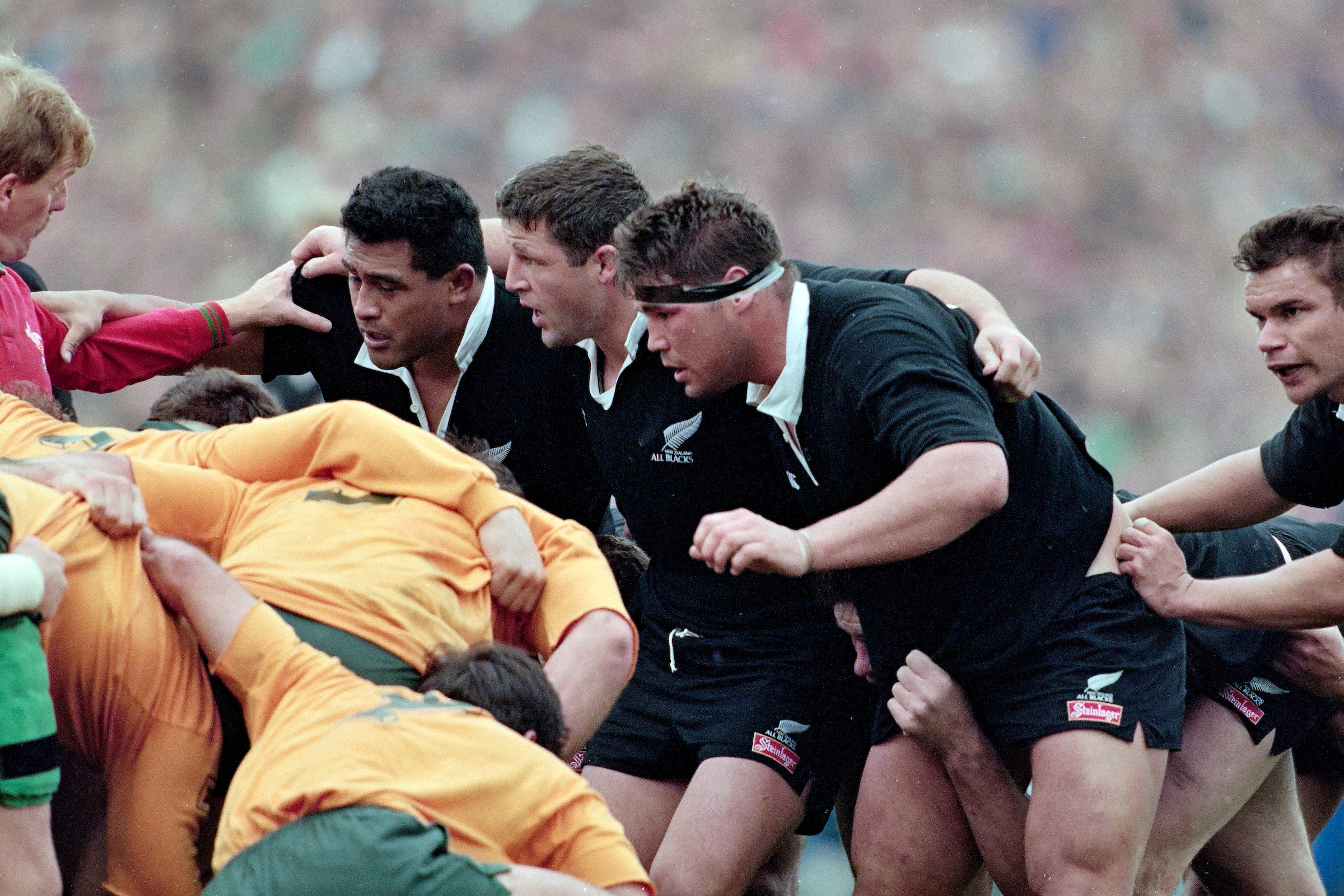 A mighty All Blacks front row: (from left) Olo Brown, Sean Fitzpatrick and Craig Dowd, in action against Australia in a Bledisloe Cup match at Carisbrook, Dunedin in 1993. Photo / Photosport