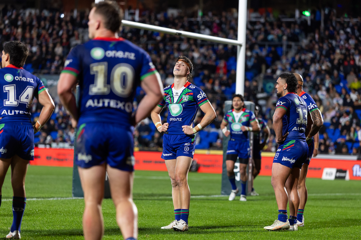 Warriors hooker Sam Healey's body language shows his feelings after a Dolphins try. Photo / Photosport