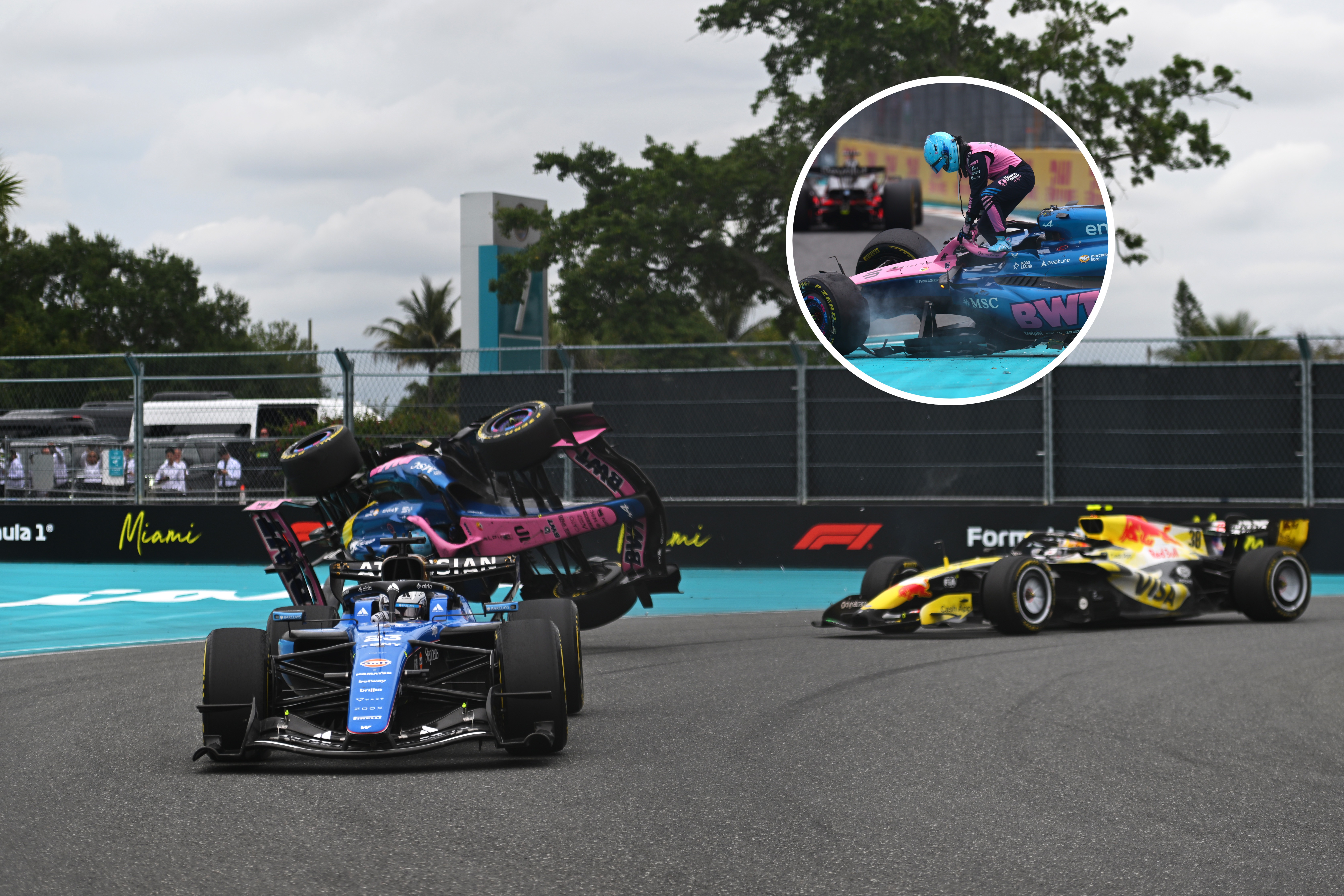 Alpine's Pierre Gasly heads towards the wall after clipping Liam Lawson during the Miami Grand Prix. Photo / Getty Images