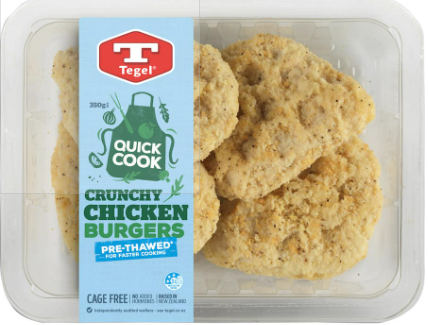 Keep chicken patties like these in the freezer to whip up a quick burger when you feel like a takeaway. Photo / Supplied