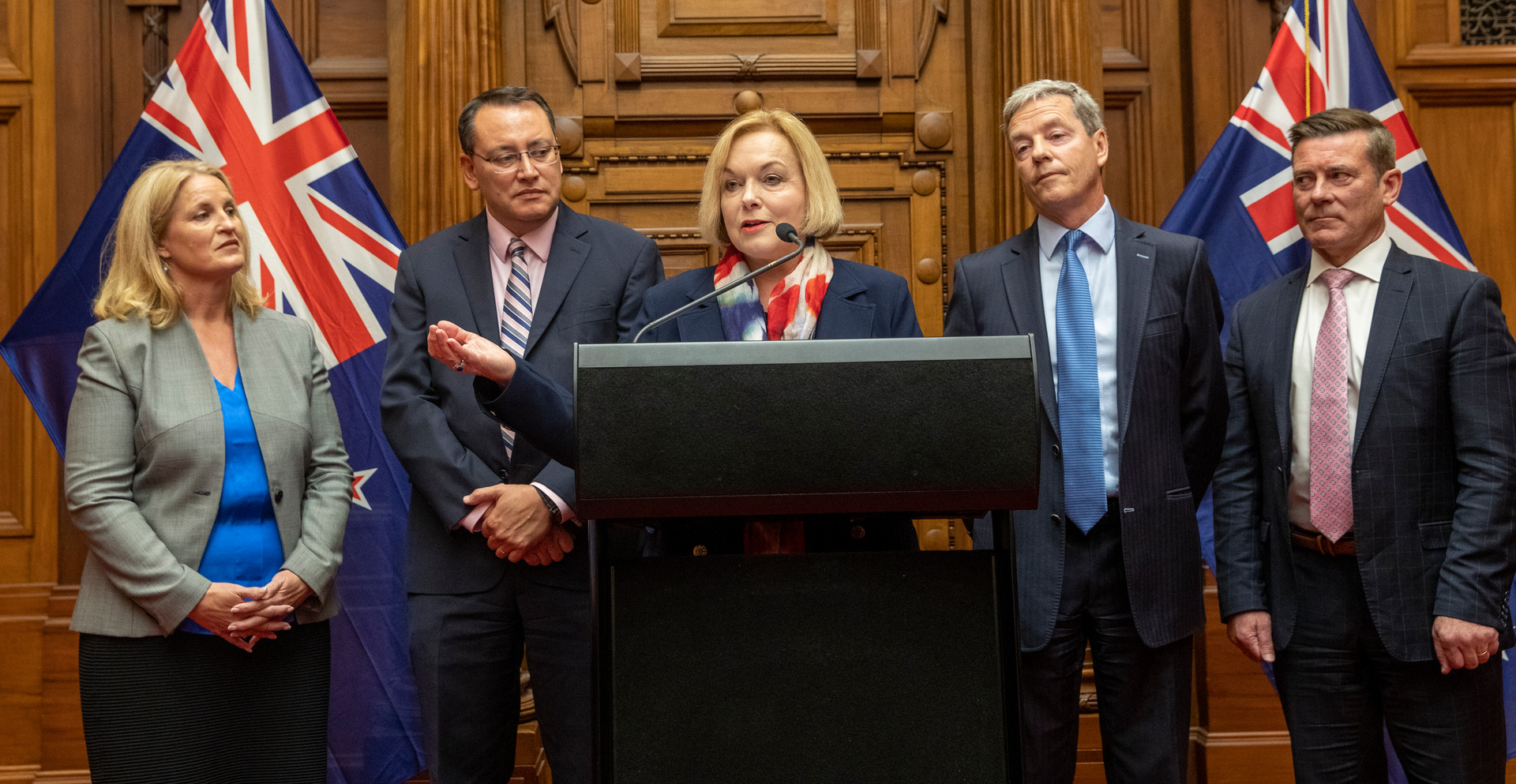 National leader Judith Collins, with senior MPs  Louise Upston (left), Shane Reti, Andrew Bayly and Michael Woodhouse. Photo / Mark Mitchell