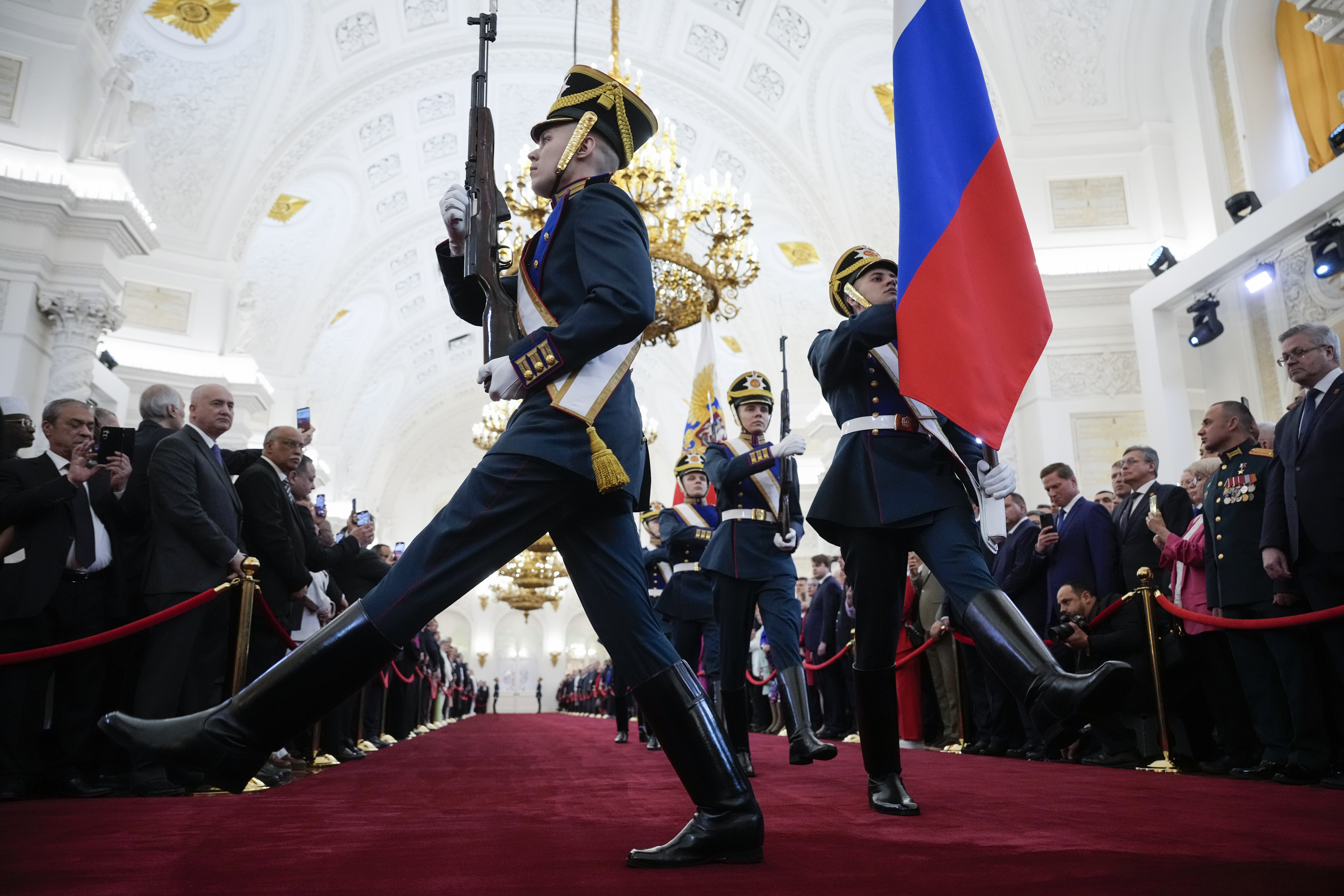 Honour guard soldiers attend Vladimir Putin's inauguration ceremony as Russian president in the Grand Kremlin Palace in Moscow. Photo / AP, pool