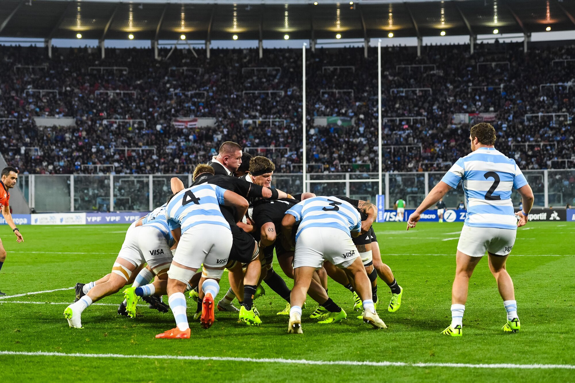 Ethan de Groot and All Blacks captain Scott Barrett get a shove on against Argentina. Photo / Photosport