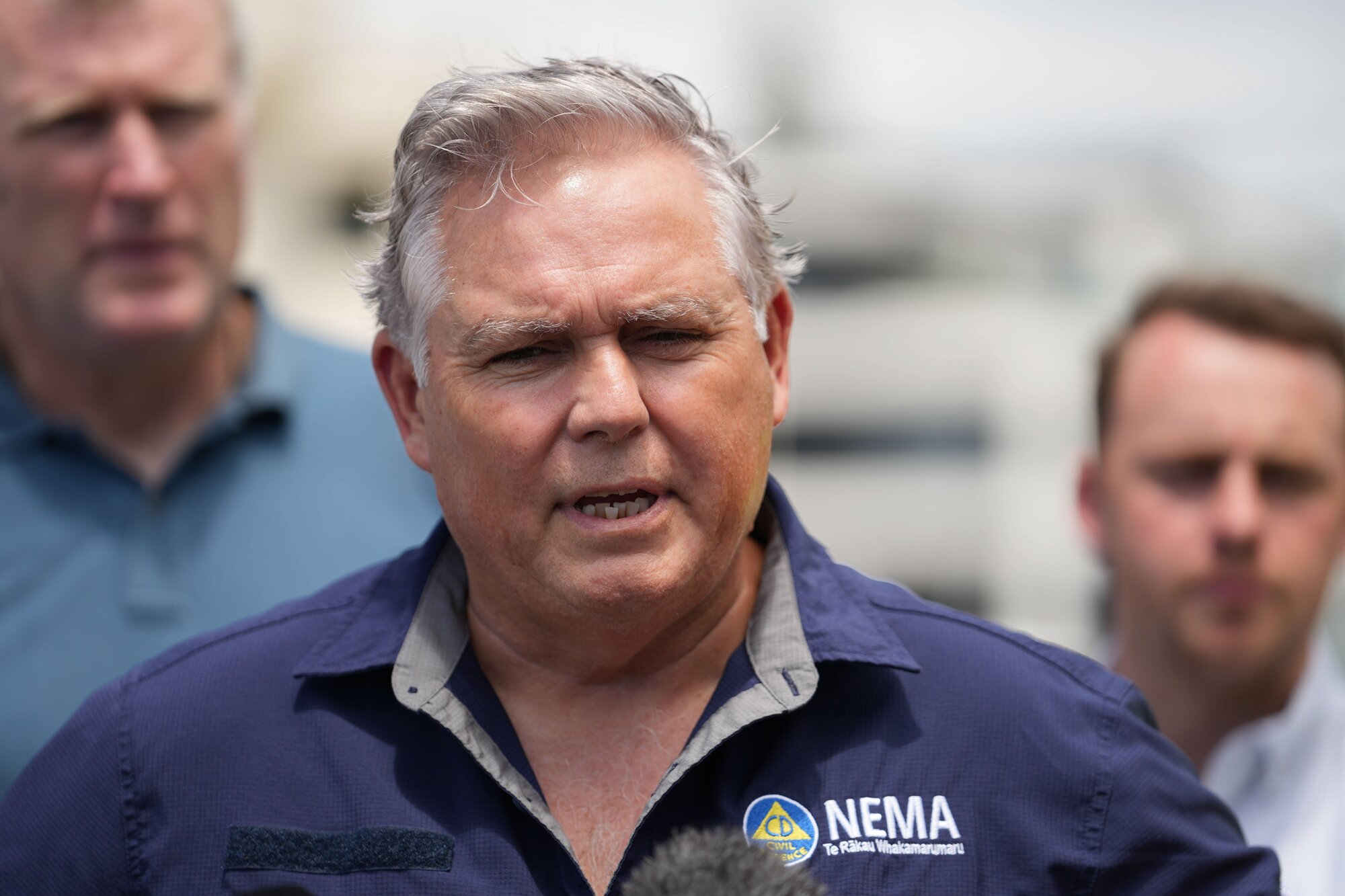 Emergency Management Minister Mark Mitchell holds a stand-up at Mount Maunganui Beachside Holiday Park in Mount Maunganui, following a major landslide. Photo / Alyse Wright