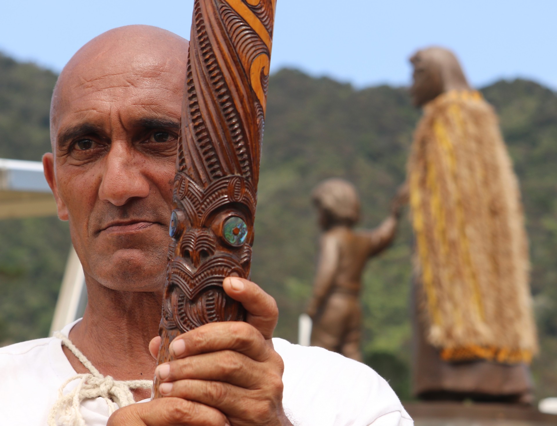 George Puru carries a flagpole carved by his father Moka Puru, son-in-law of Dame Whina Cooper, for the 1975 Land March. Photo / Peter de Graaf 