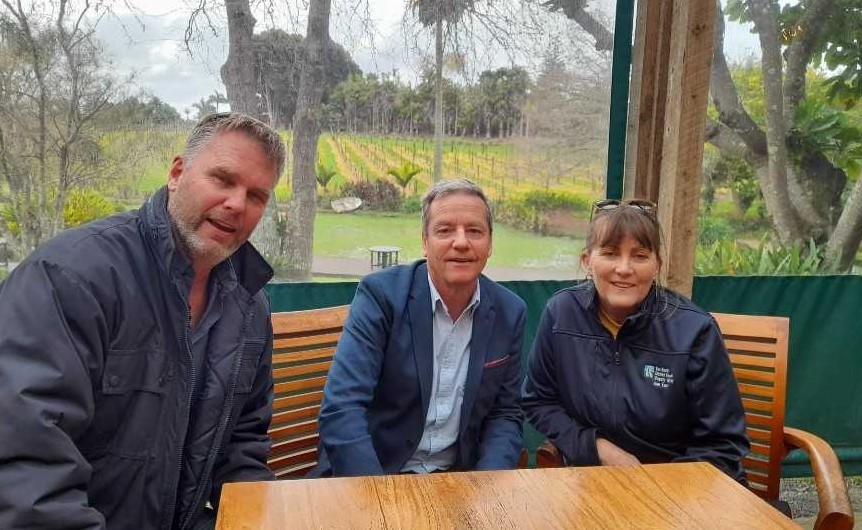 National Party shadow treasurer Andrew Bayly (centre) with former Northland MP Matt King and Far North Deputy Mayor Ann Court during his visit to Northland. Photo / Supplied