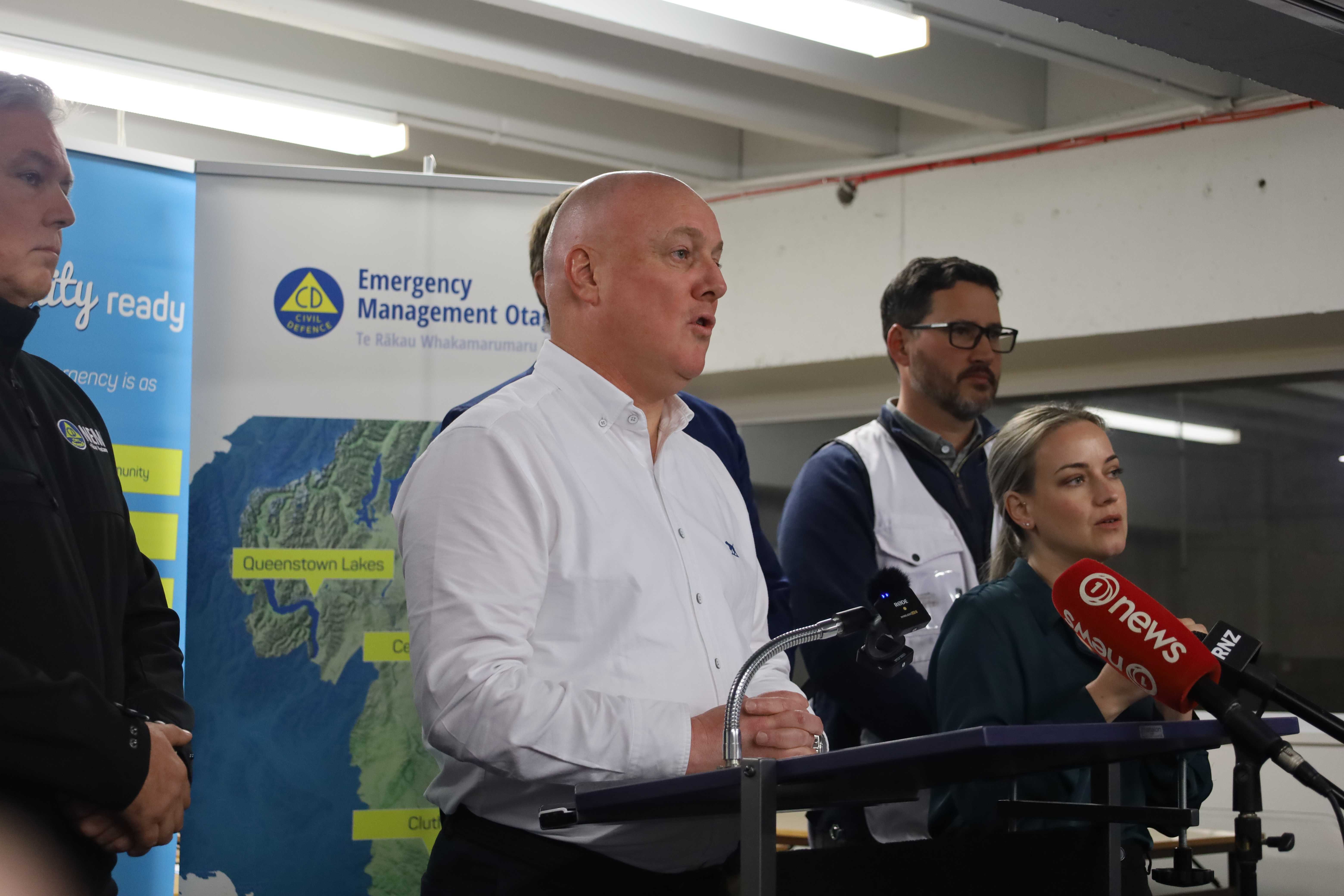Prime Minister Christopher Luxon speaks to reporters in Dunedin. Photo / Ben Tomsett