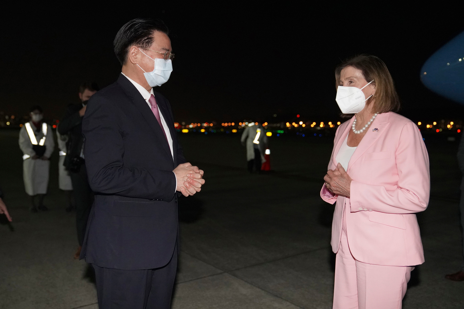 Nancy Pelosi, right, is greeted by Taiwan's Foreign Minister Joseph Wu as she arrives in Taipei. Photo / Taiwan Ministry of Foreign Affairs via AP