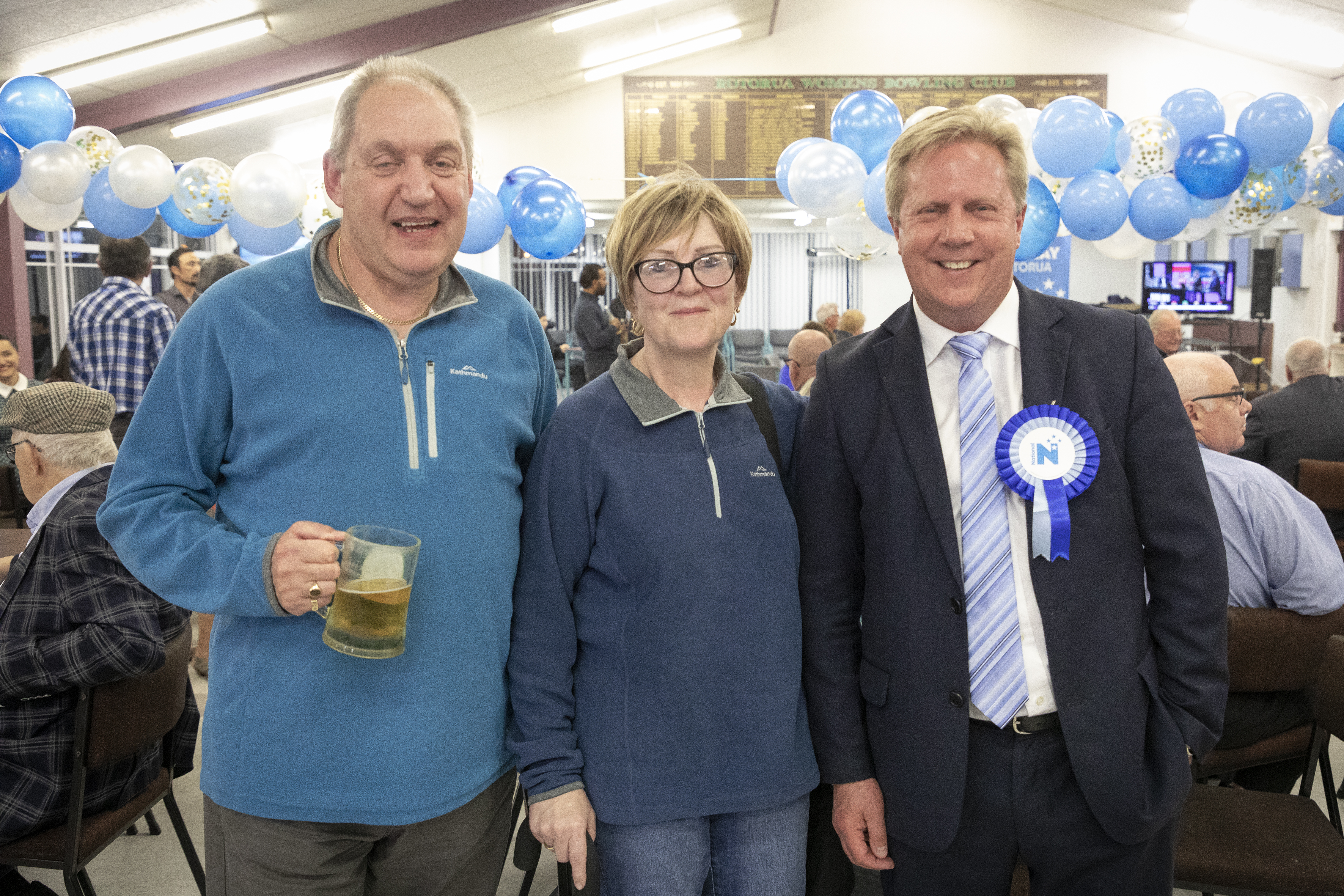 Rotorua MP Todd McClay with supporters Robert and Gillianne Meek at the National Party gathering on election night. Photo / Andrew Warner
