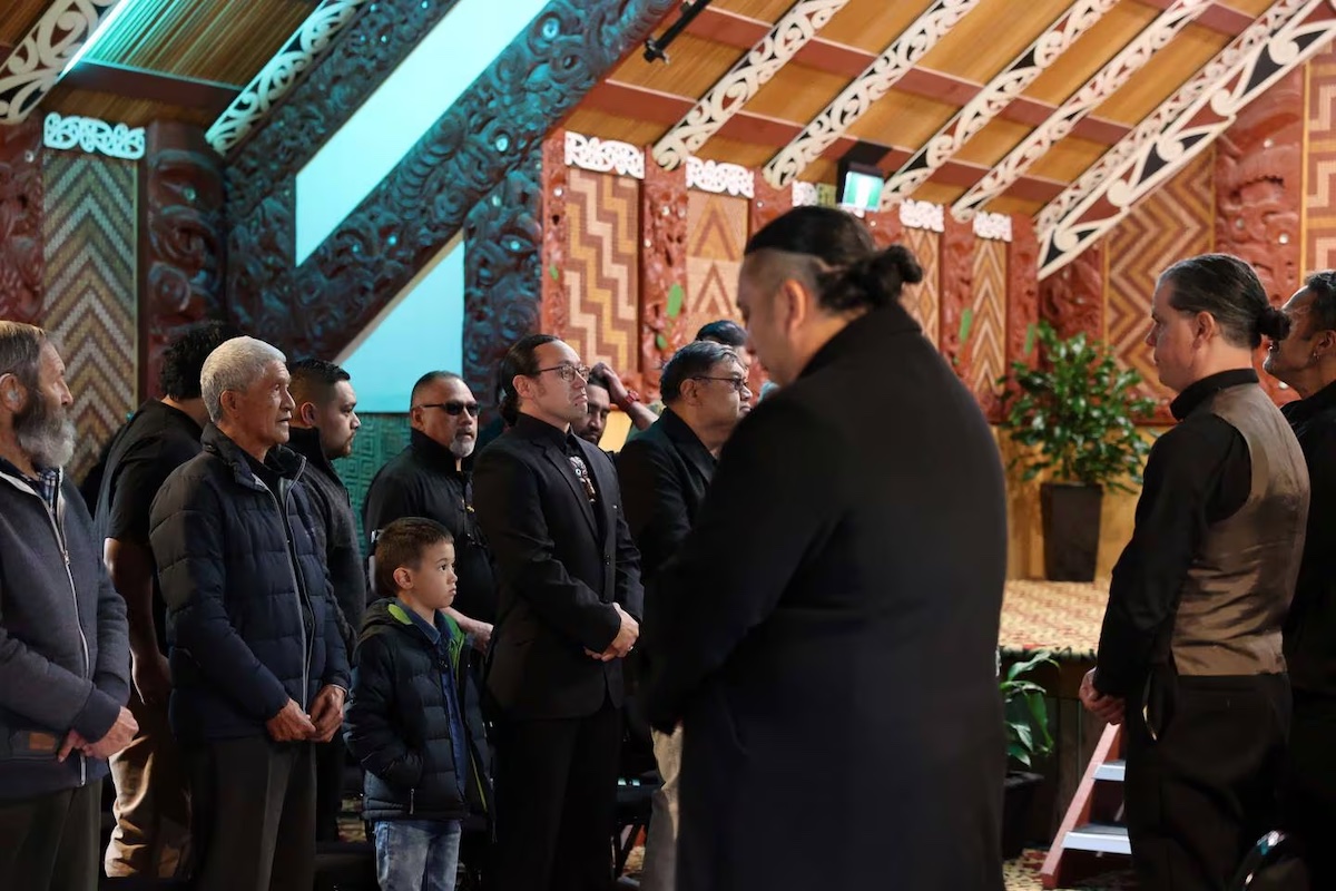 Te Puia NZMACI staff and tauira (students) gathered during the pohiri (welcoming) of Grant Marunui.
