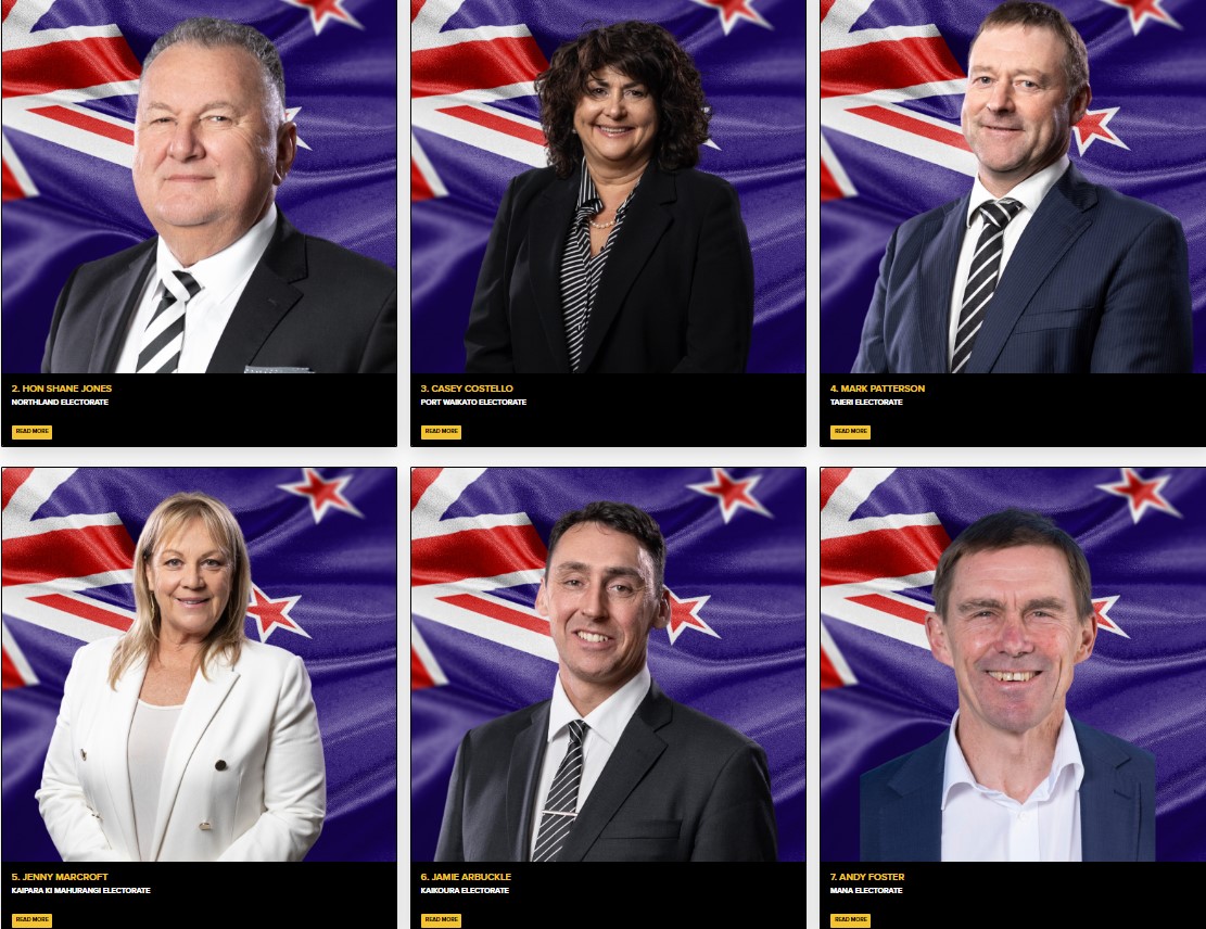 NZ First list candidates from number two to seven: Shane Jones, Casey Costello, Mark Patterson, Jenny Marcroft, Jamie Arbuckle, Andy Foster. Photos / New Zealand First
