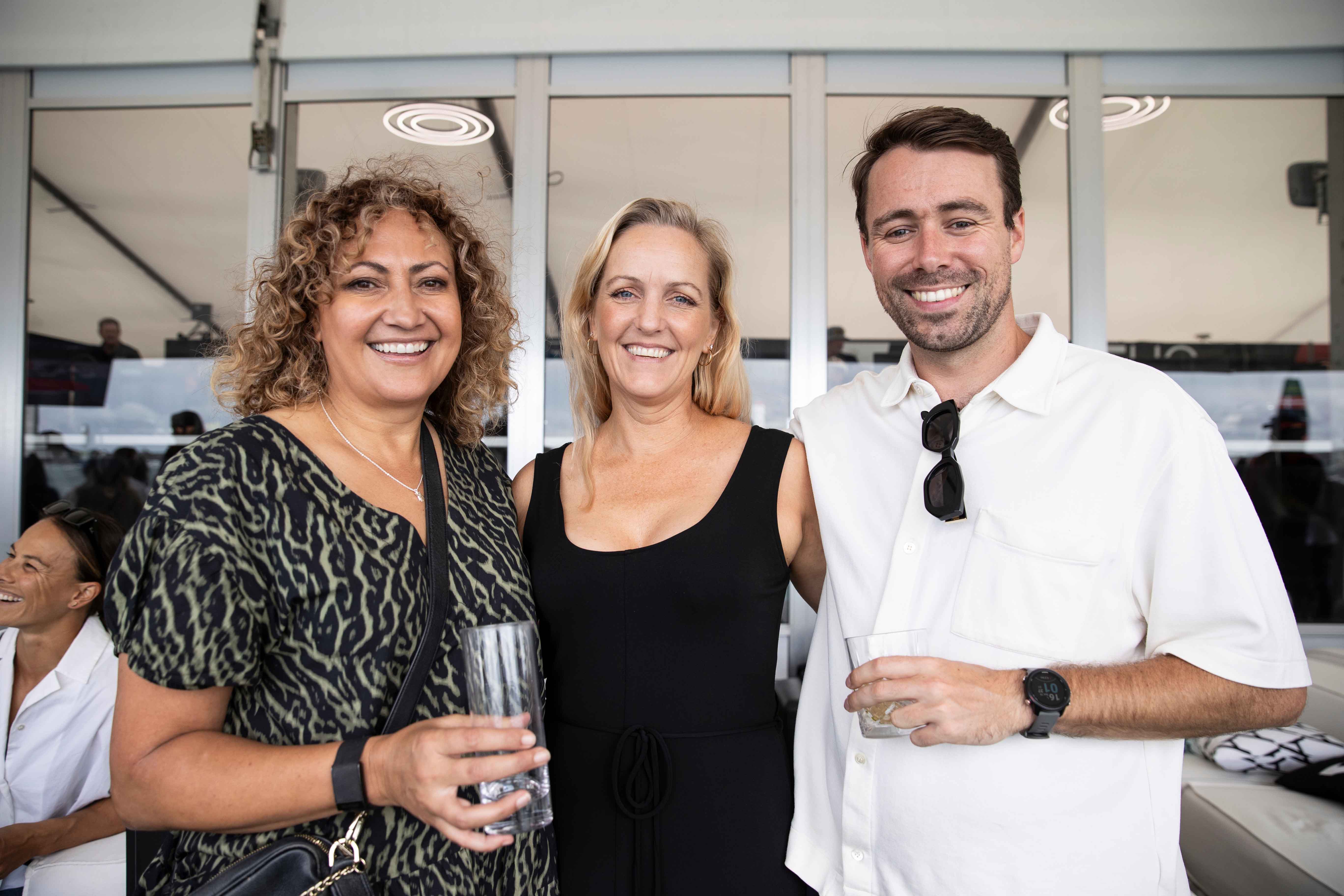 TVNZ’s Melody Robinson and Jane Webber and Red Bull’s Fraser Cowley at the SailGP Adrenaline Lounge.