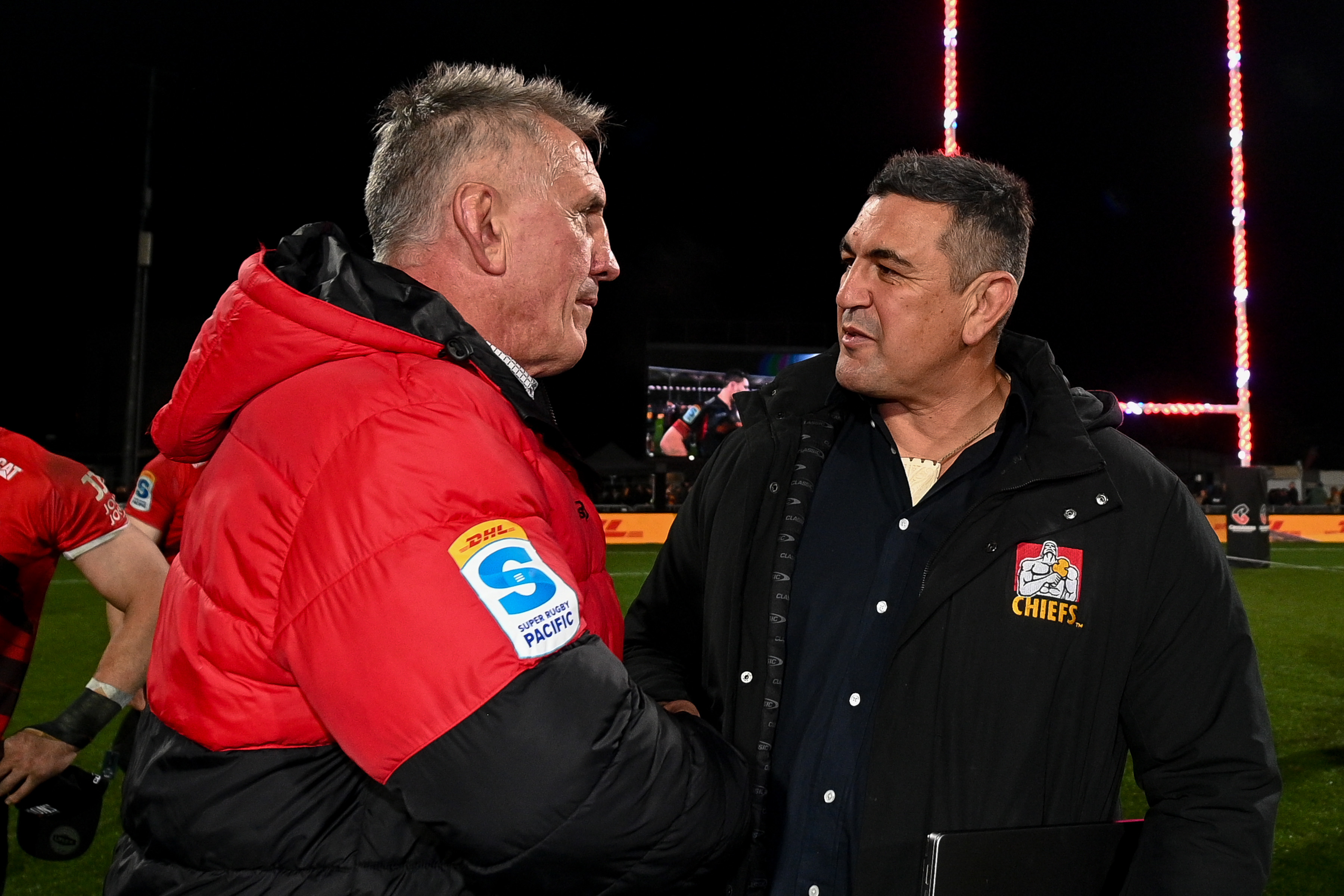 Munster-bound Chiefs coach Clayton McMillan (right) with Crusaders coach Rob Penney. Photo / Photosport