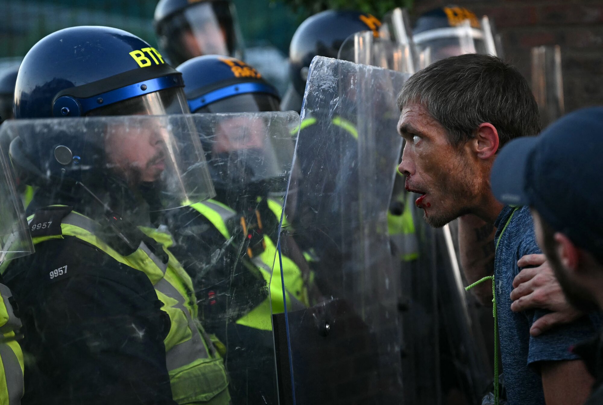 Demonstrators and riot police face off near Portswood Police Station in Southampton, southern England, on June 2, 2026, during a protest over the police's treatment of murder victim Henry Nowak. Photo / Justin Tallis, AFP