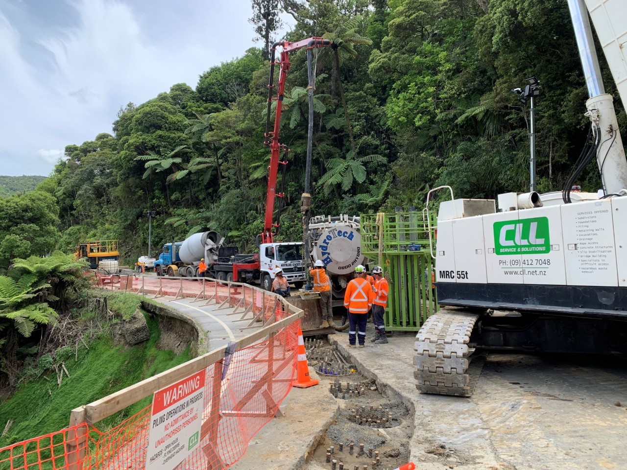 Concrete is poured into the last supporting pile needed to open SH1 through the Mangamuka Gorge tomorrow.