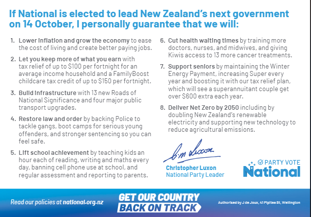 National's pledge card of promises to voters.