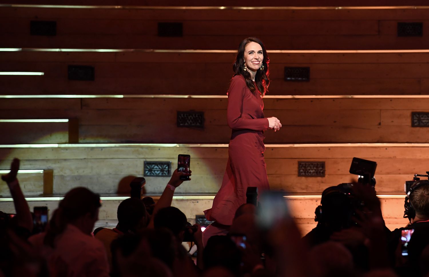 Jacinda's streamlined outfit on election night was designed by local designers Maaike. Photo / Getty Images. 