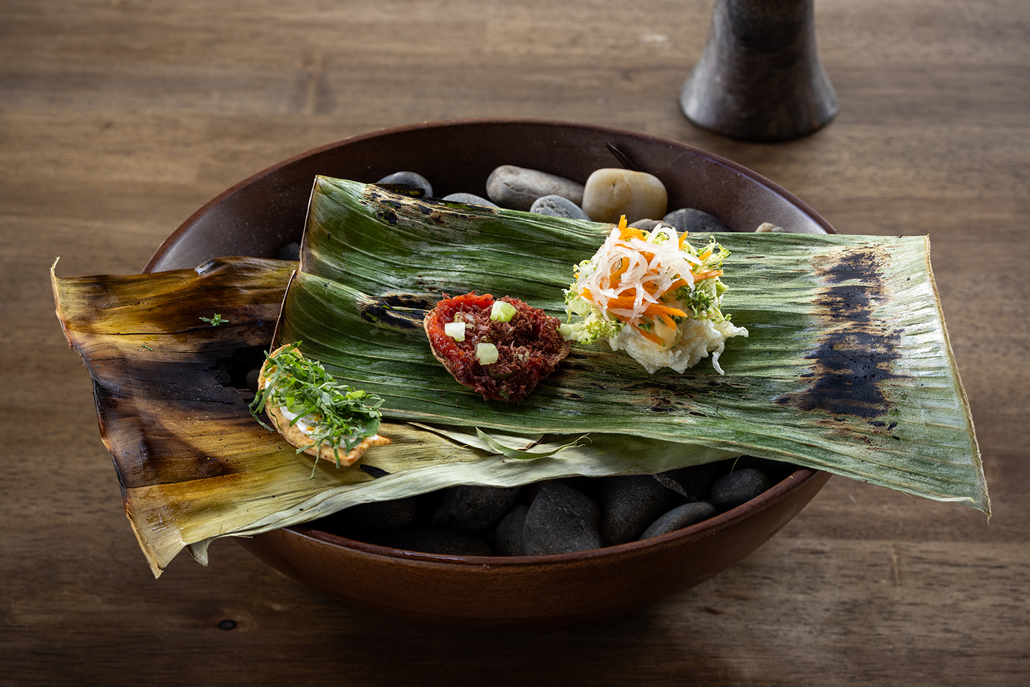 Raw ramen, a taro chip and a banana chip on the menu at Tala. Photo / Babiche Martens