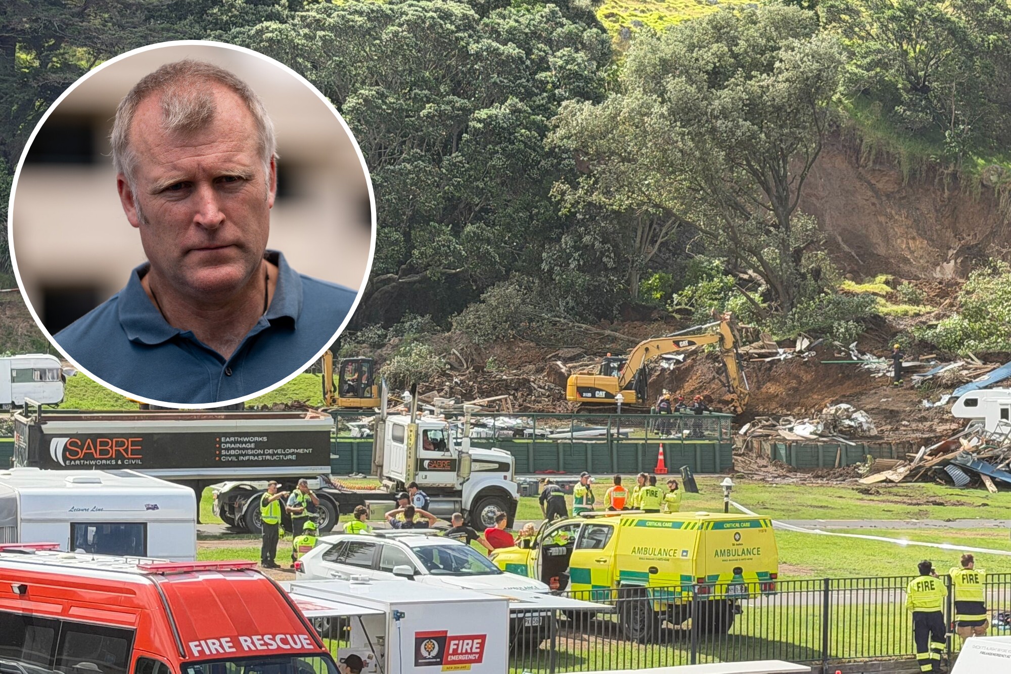 As emergency service workers, including specialist search teams, try to find those buried by the Mount Maunganui landslide, Tauranga Mayor Mahé Drysdale (inset) says questions over why the council-owned campground and hot pools remained open would be answered following a proper process. Photos / NZME