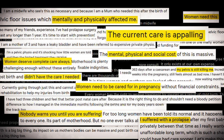 Some of the thousands of comments people wrote when signing a petition calling for better postnatal care and rehabilitation in New Zealand.  Image / Vinay Ranchhod, RNZ