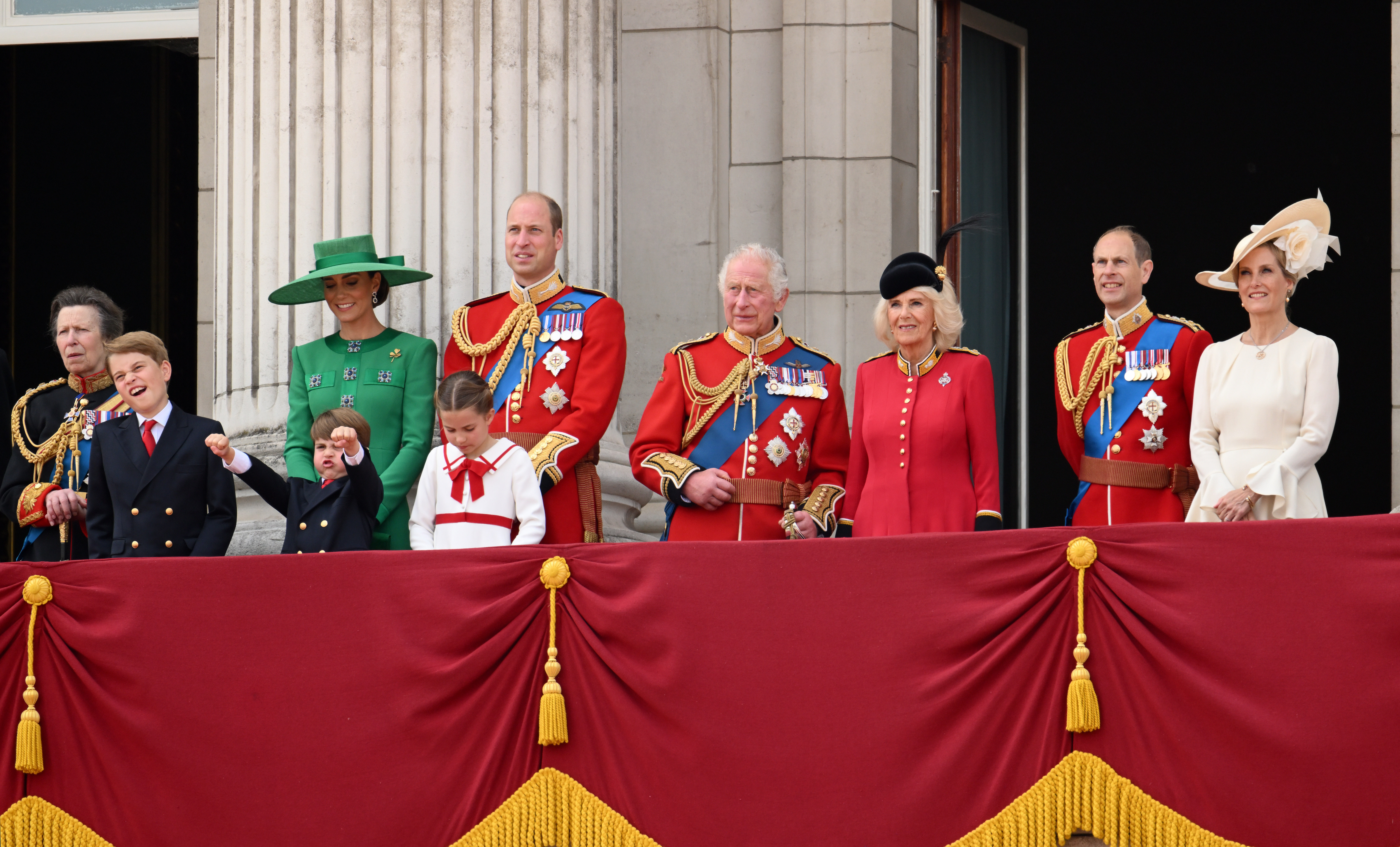 Princess Anne, Prince George, Prince Louis, Princess Kate, Princess Charlotte, Prince William, King Charles, Queen Camilla, Prince Edward and Sophie, Duchess of Edinburgh at the Trooping the Colour in June 2023. Photo / AP