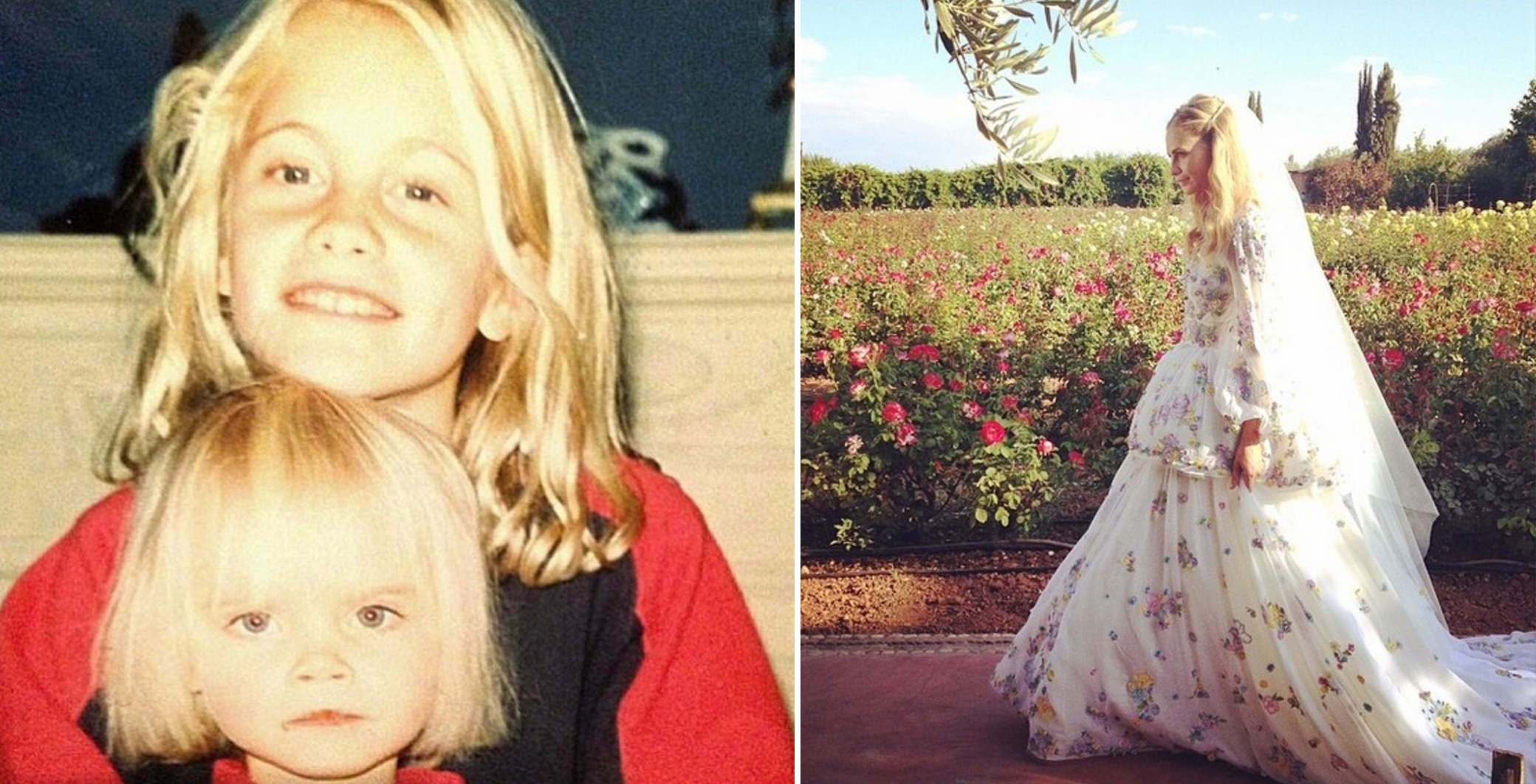 Poppy with sister Cara as children; on her wedding day in Marrakech, wearing a gown by Peter Dundas for Emilio Pucci. Pictures / Instagram