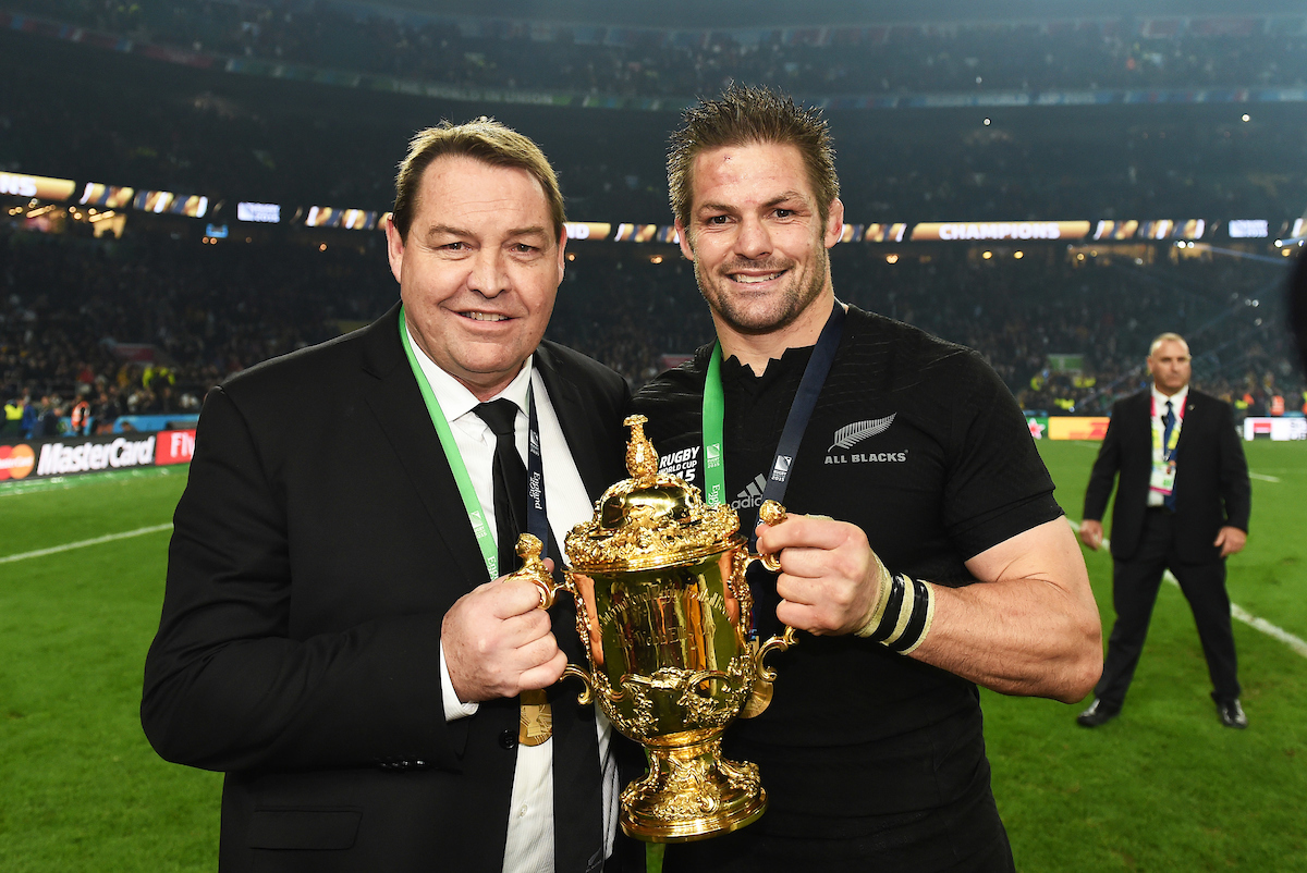 All Blacks coach Steve Hansen and captain Richie McCaw with the Webb Ellis Trophy after the 2015 Rugby World Cup final. Photo / Photosport