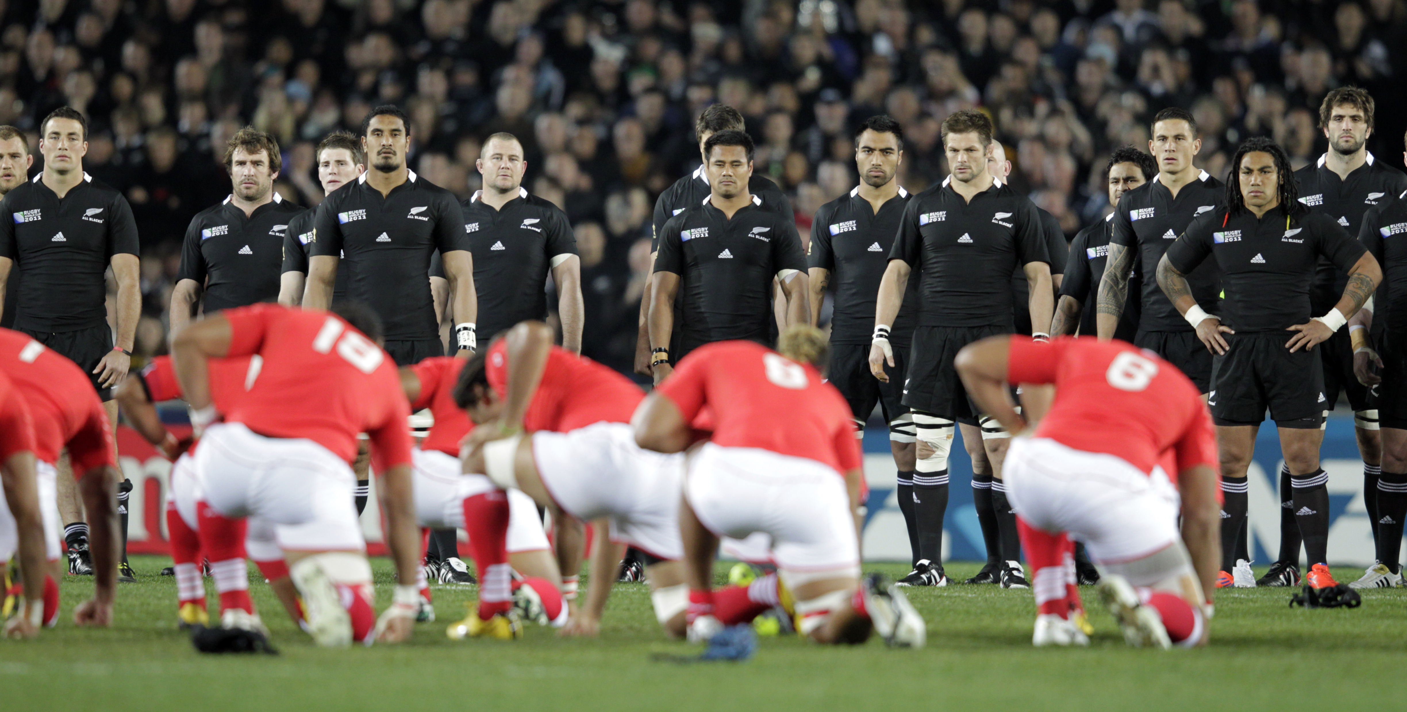 The All Blacks face the Tongan challenge before the first match of the Rugby World Cup 2011. Photo / Dean Purcell