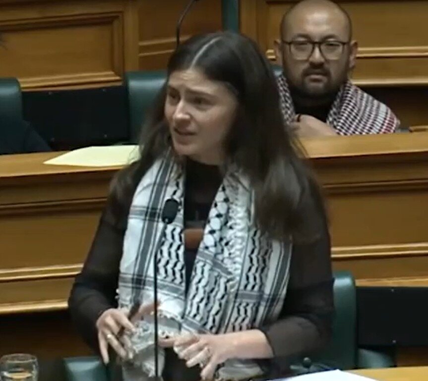 Green Party co-leader Chloe Swarbrick speaks in Parliament's debating chamber during a debate on Palestine. Swarbrick was ejected from the chamber and banned for the rest of the week over comments she made about Government MPs being