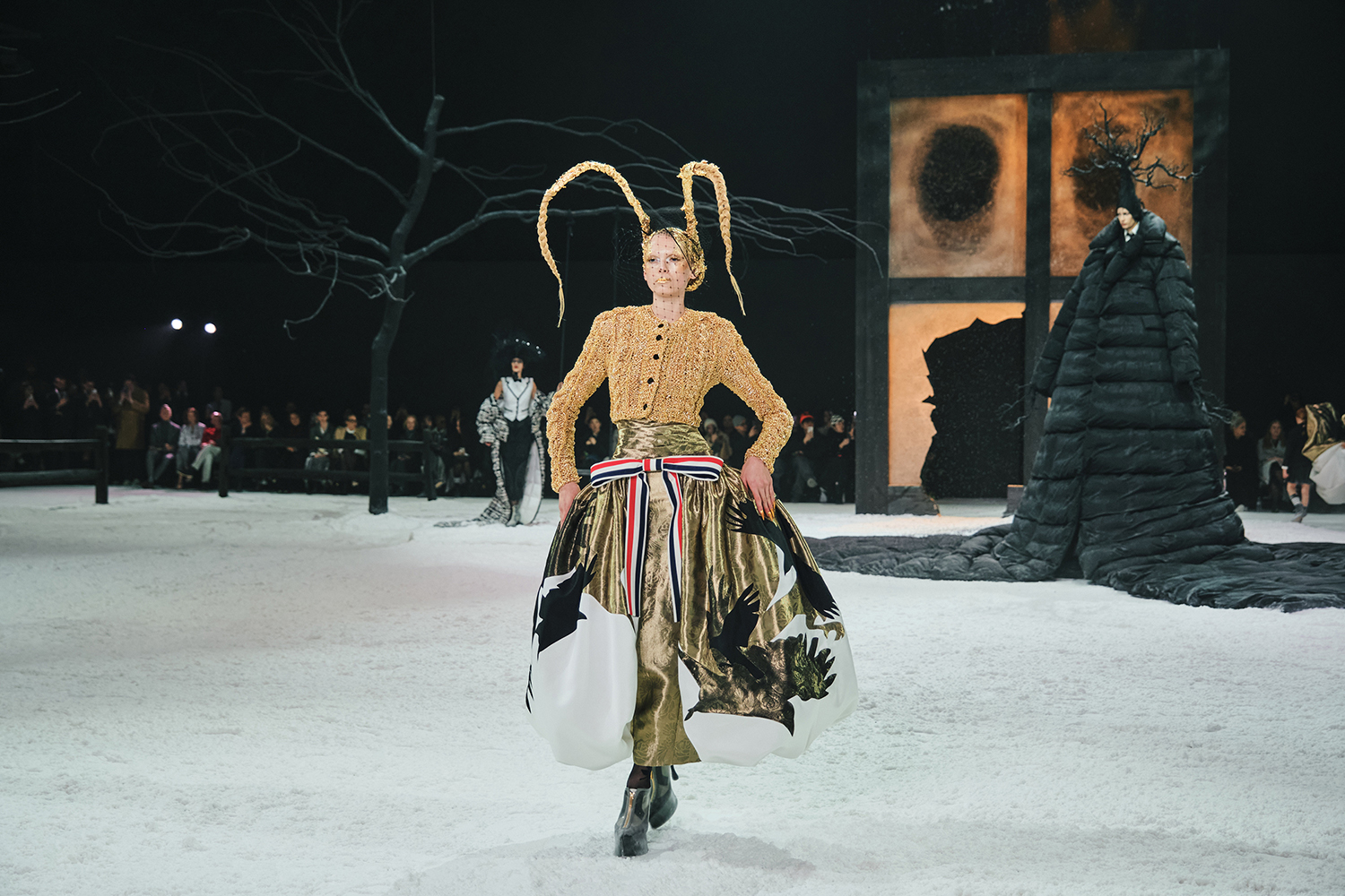 At Thom Browne’s show, a voice-over recitation by Carrie Coon of ‘The Gilded Age’ formed the soundtrack to a show set in a dark and desolate scene. Photo / Simbarashe Cha, The New York Times