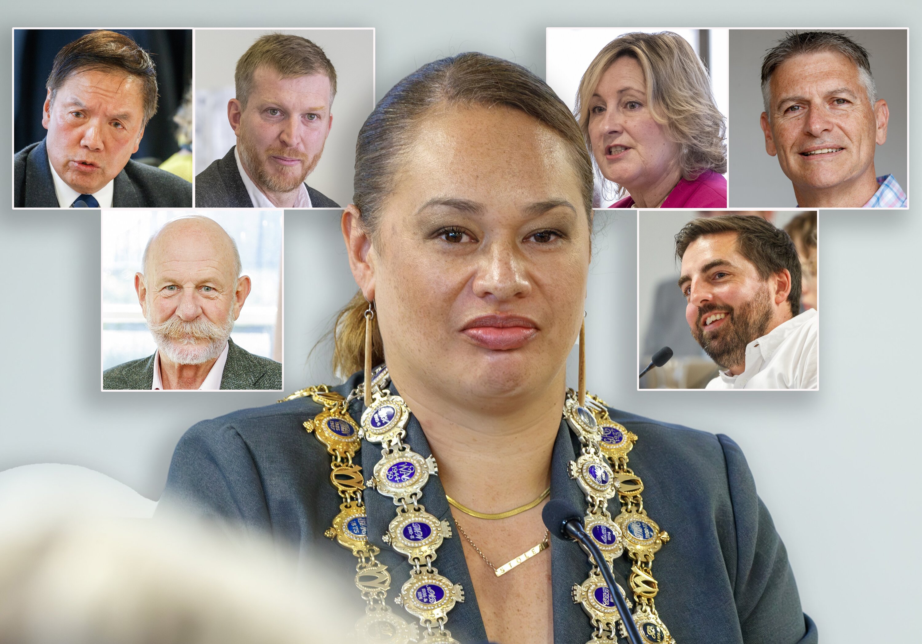 Mayor Tory Whanau surrounded by images of her potential mayoral opponents Ray Chung, Thomas Nash, Diane Calvert and Karl Tiefenbacher, Mark Sainsbury and Ben McNulty.