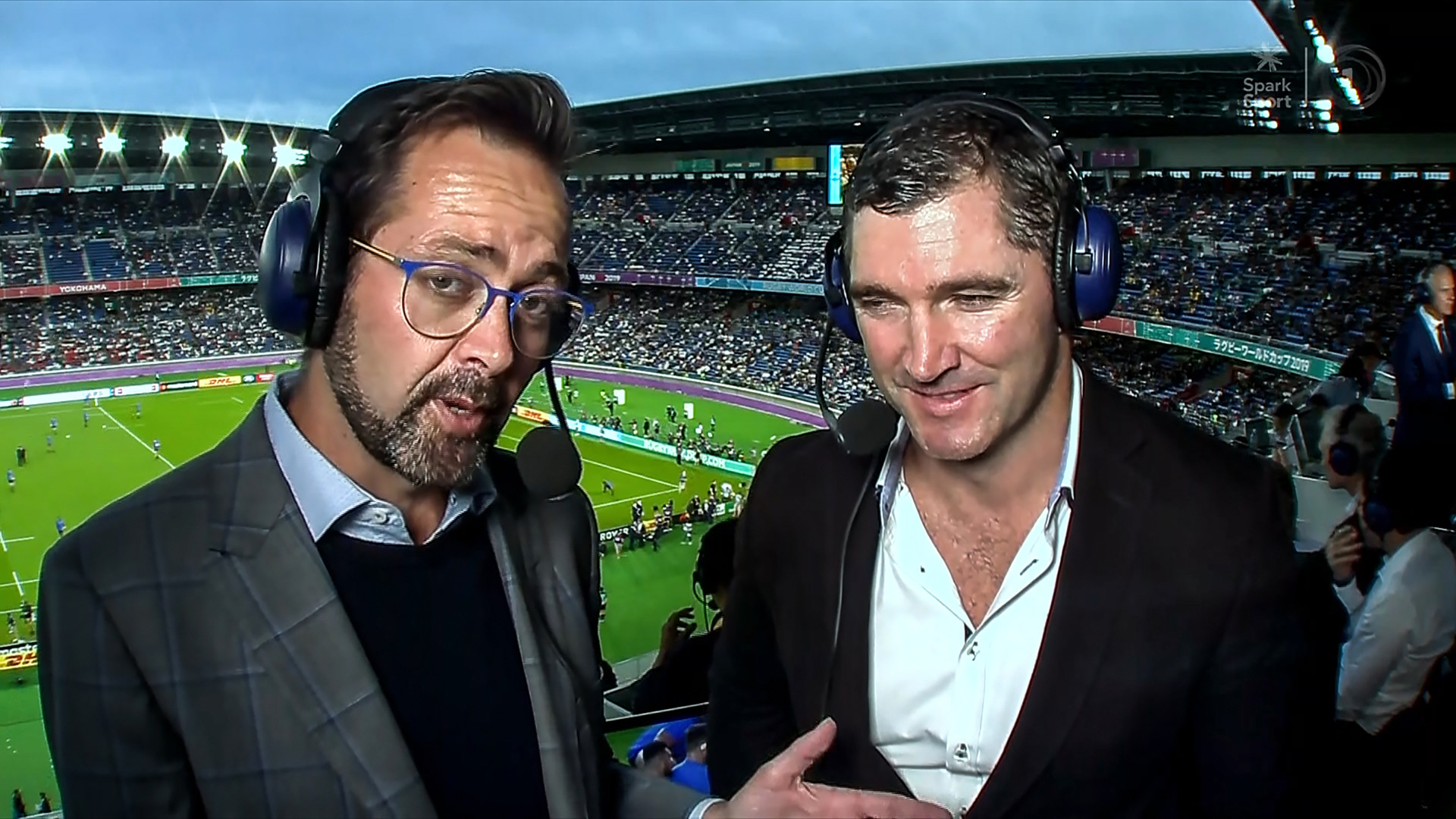 Spark Sport commentators Scotty Stevenson and Stephen Donald during the 2019 Rugby World Cup. Photo / Spark Sport