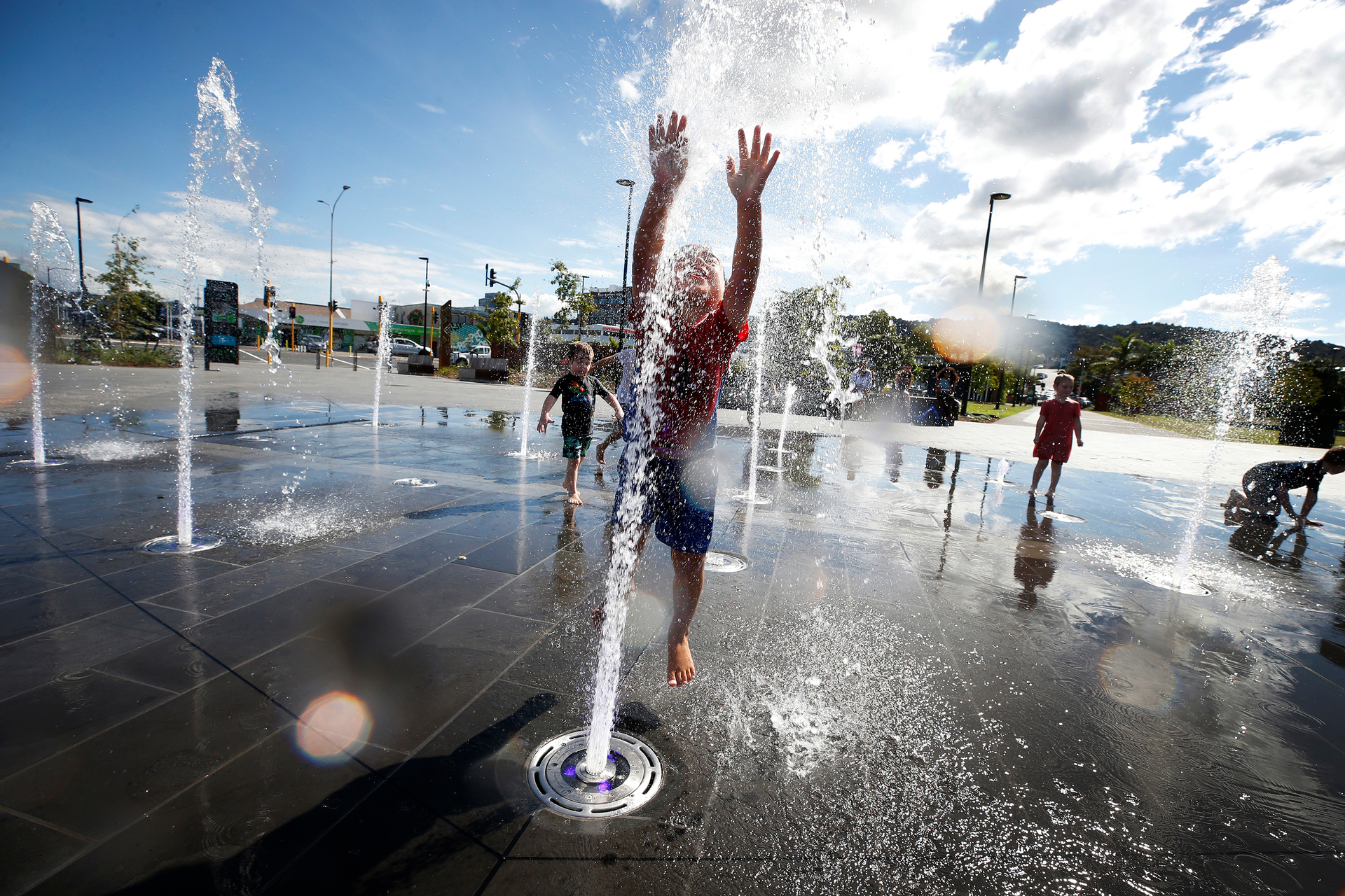Pūtahi Park's water feature includes 19 water jets, each with LED lighting, that can be programmed with varying sequences and colour displays at the Whangarei Town Basin. Photo / Michael Cunningham