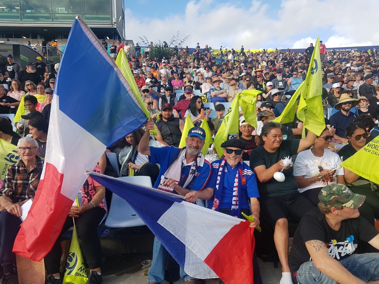 French supporters Alain Farre and Bernard Boutet show their colours during the team's quarter-final win against Italy on Saturday.  Photo / Mike Dinsdale