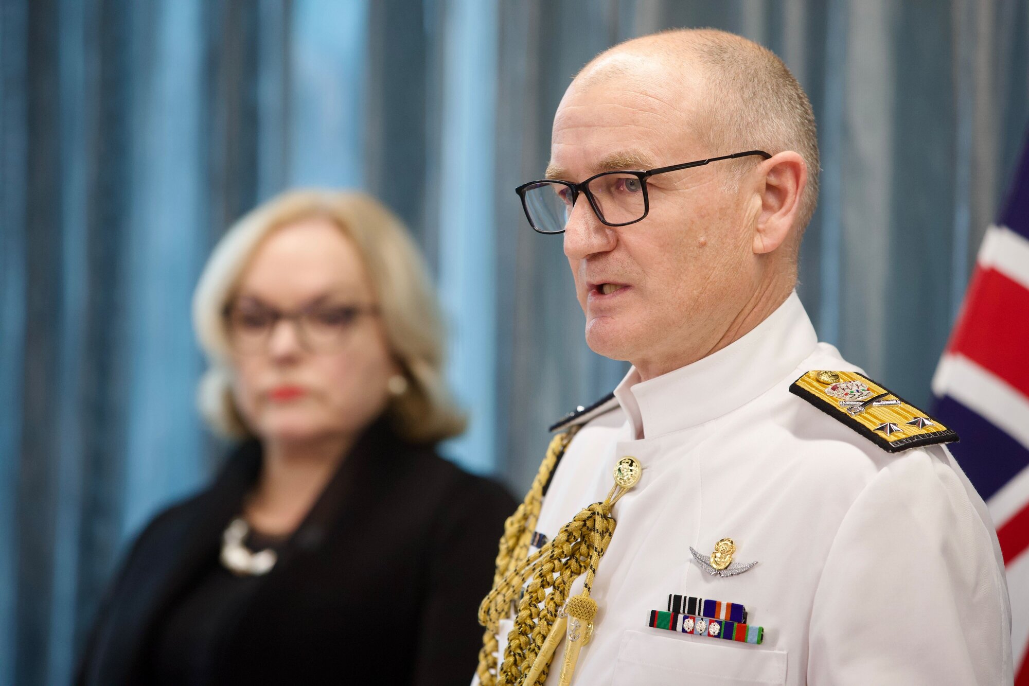Chief of Navy, Rear Admiral Garin Golding (right), with Defence Minister Judith Collins. Photo / Jason Dorday